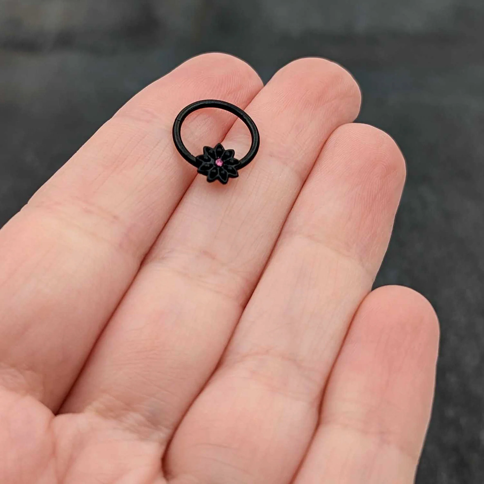 16G 3/8 Pink Gem Black Starry Flower Hinged Segment Ring - Image 8