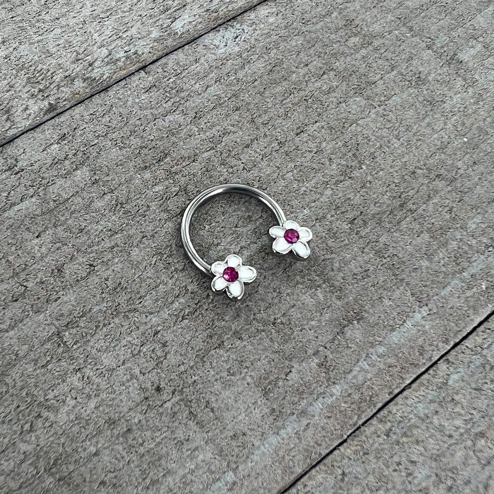16G 3/8 Pink Gem Daisy Flowers Horseshoe Circular Barbell - Image 5