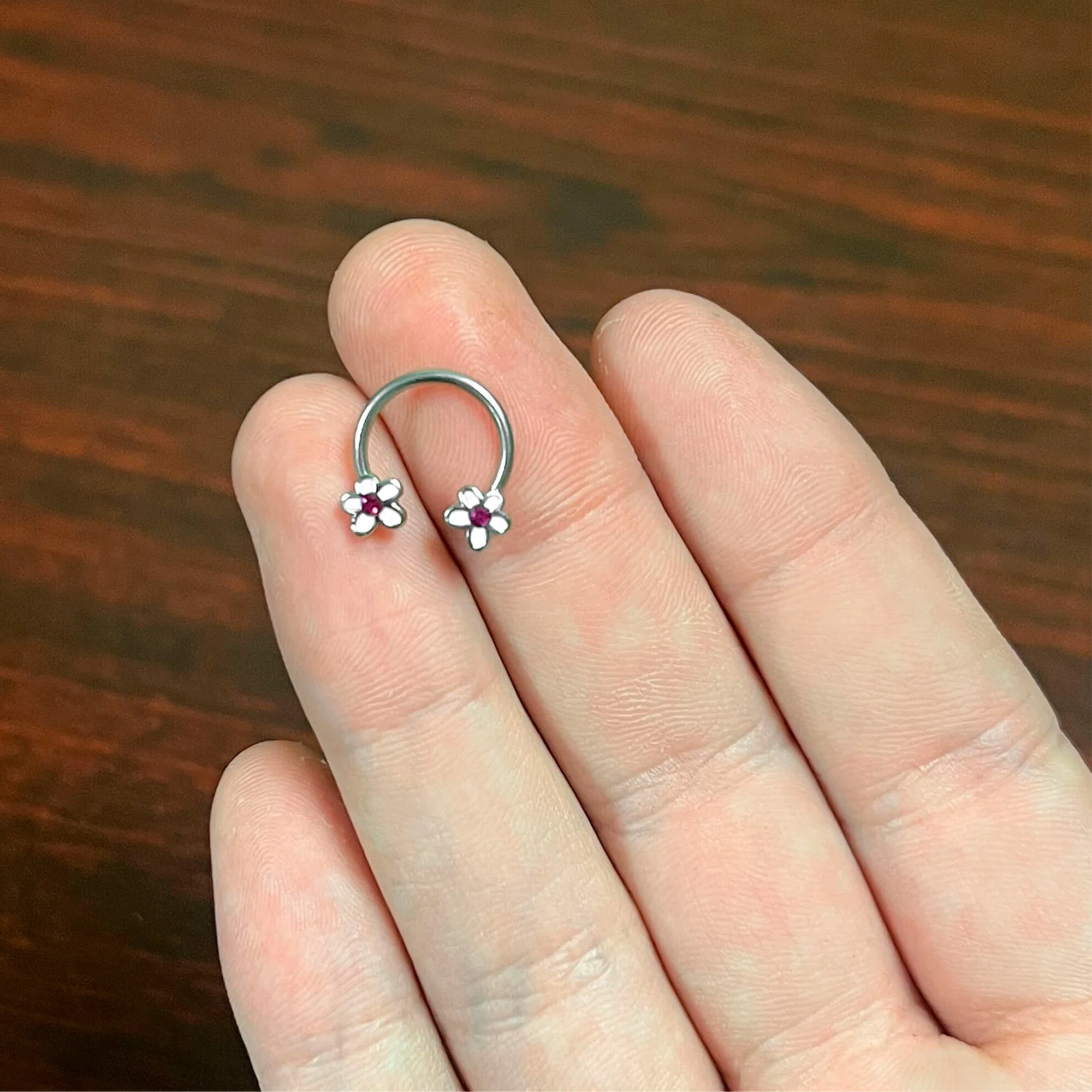 16G 3/8 Pink Gem Daisy Flowers Horseshoe Circular Barbell - Image 6