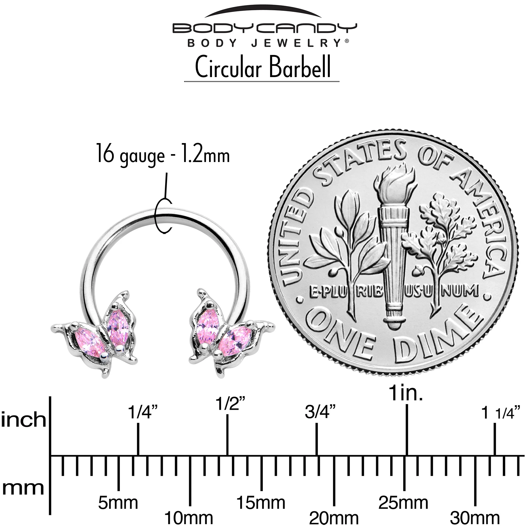 16G 3/8 Pink Gem Fancy Fab Butterfly Horseshoe Circular Barbell - Image 6