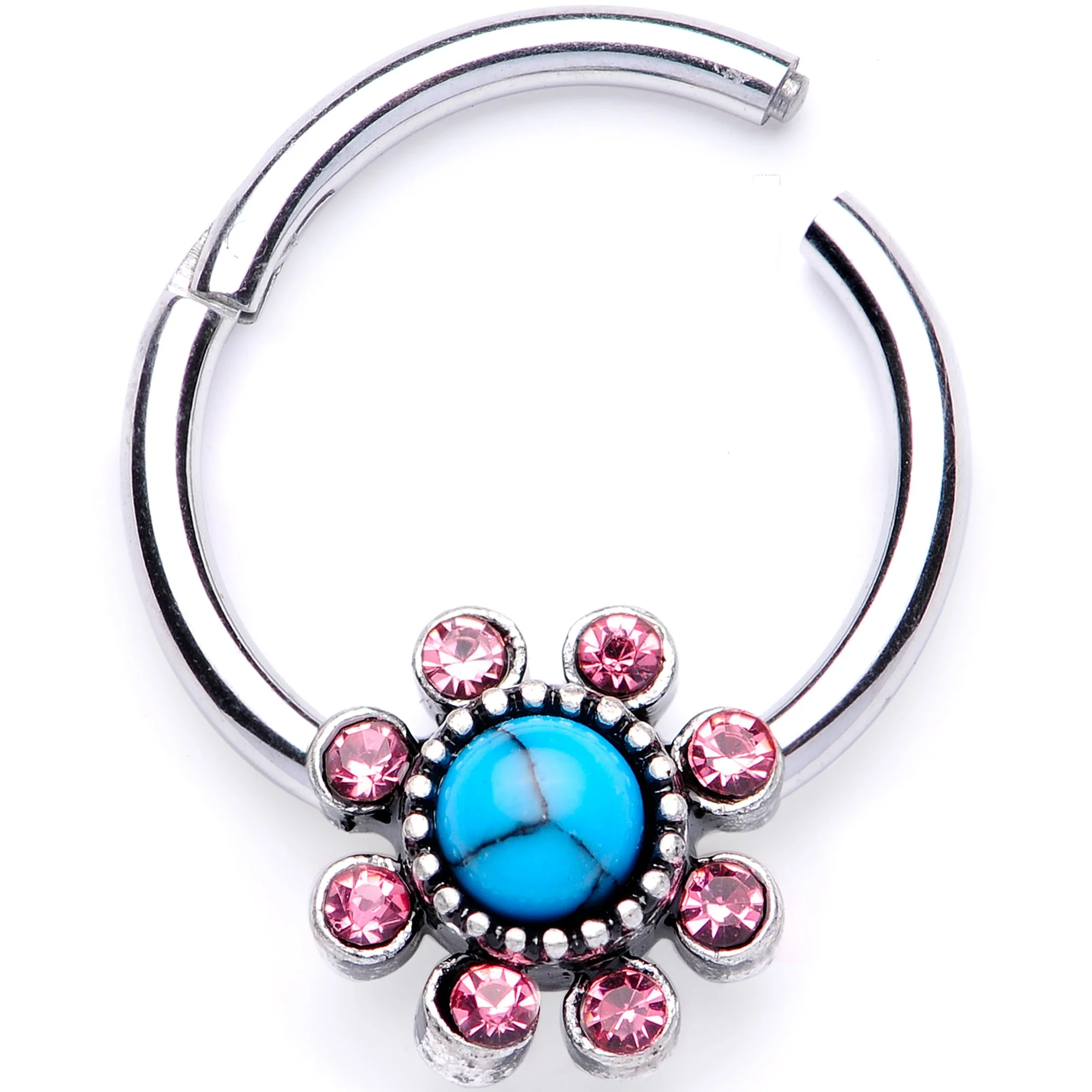 16G 3/8 Pink Gem Faux Turquoise Flower Hinged Segment Ring - Image 2