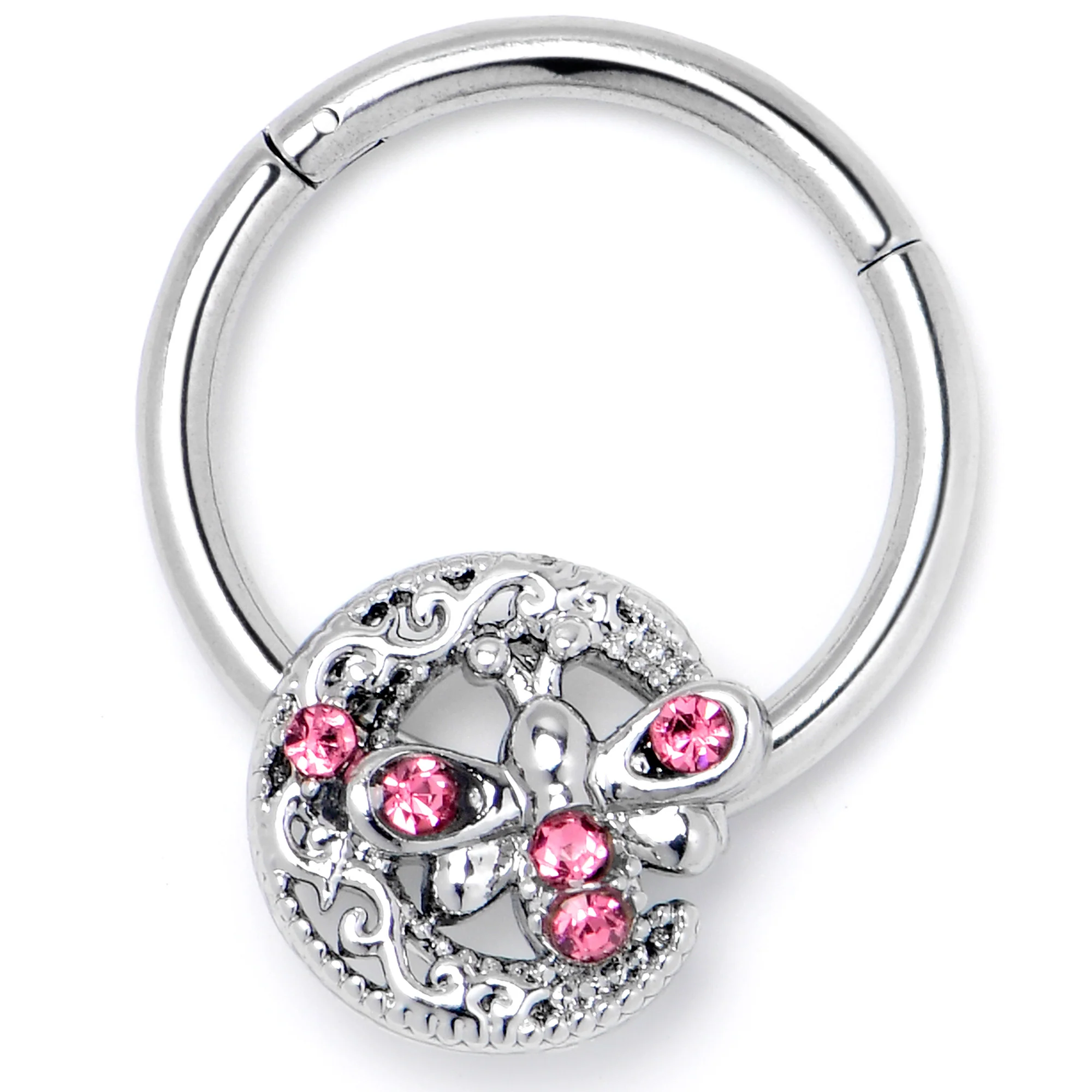 16G 3/8 Pink Gem Lunar Dragonfly Hinged Segment Ring - Image 4
