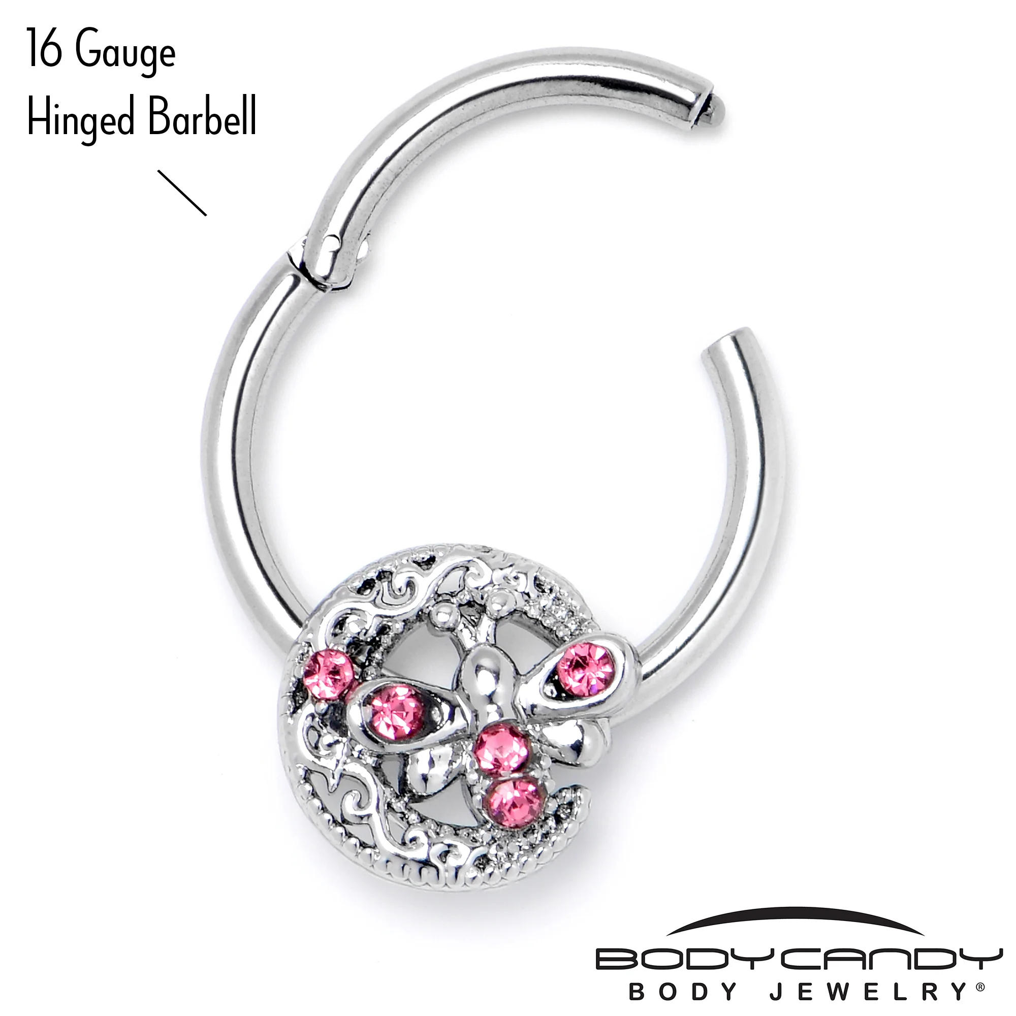 16G 3/8 Pink Gem Lunar Dragonfly Hinged Segment Ring - Image 6