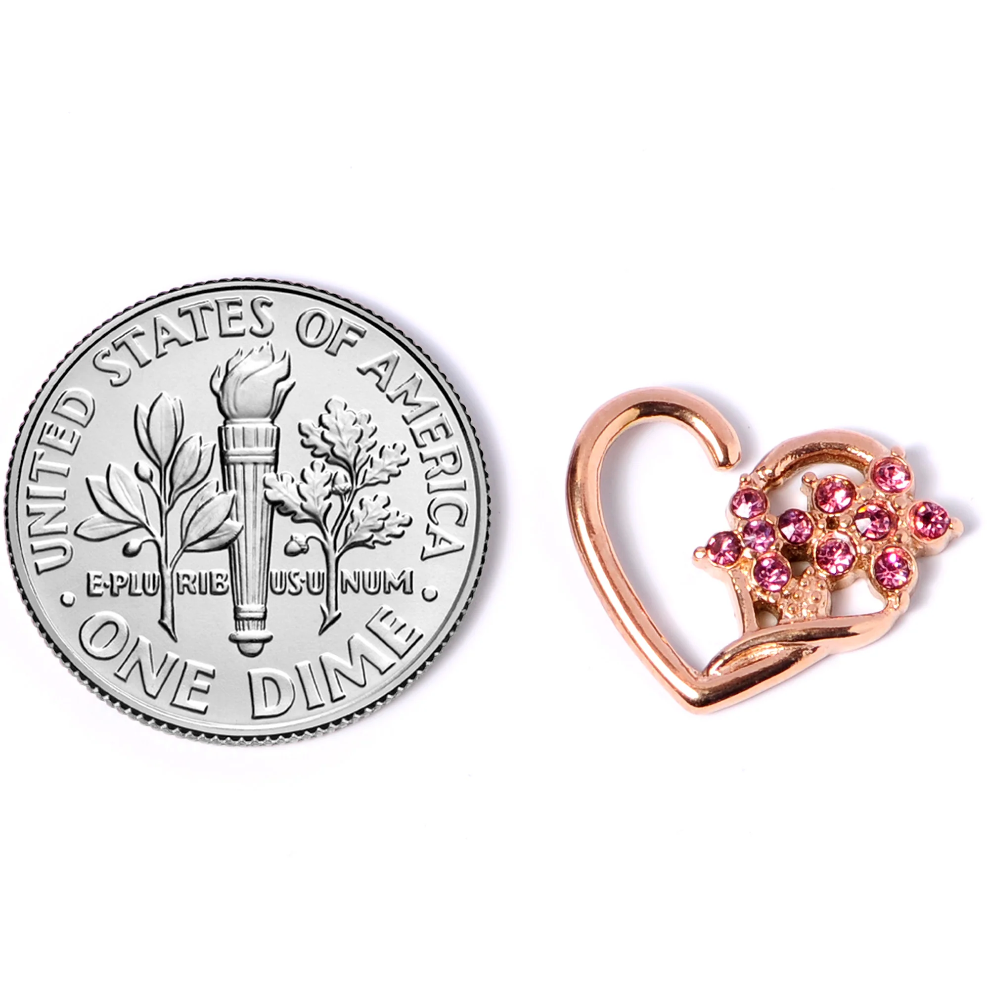 16G 3/8 Pink Gem Rose Gold Tone Heart Left Ear Closure Ring - Image 4