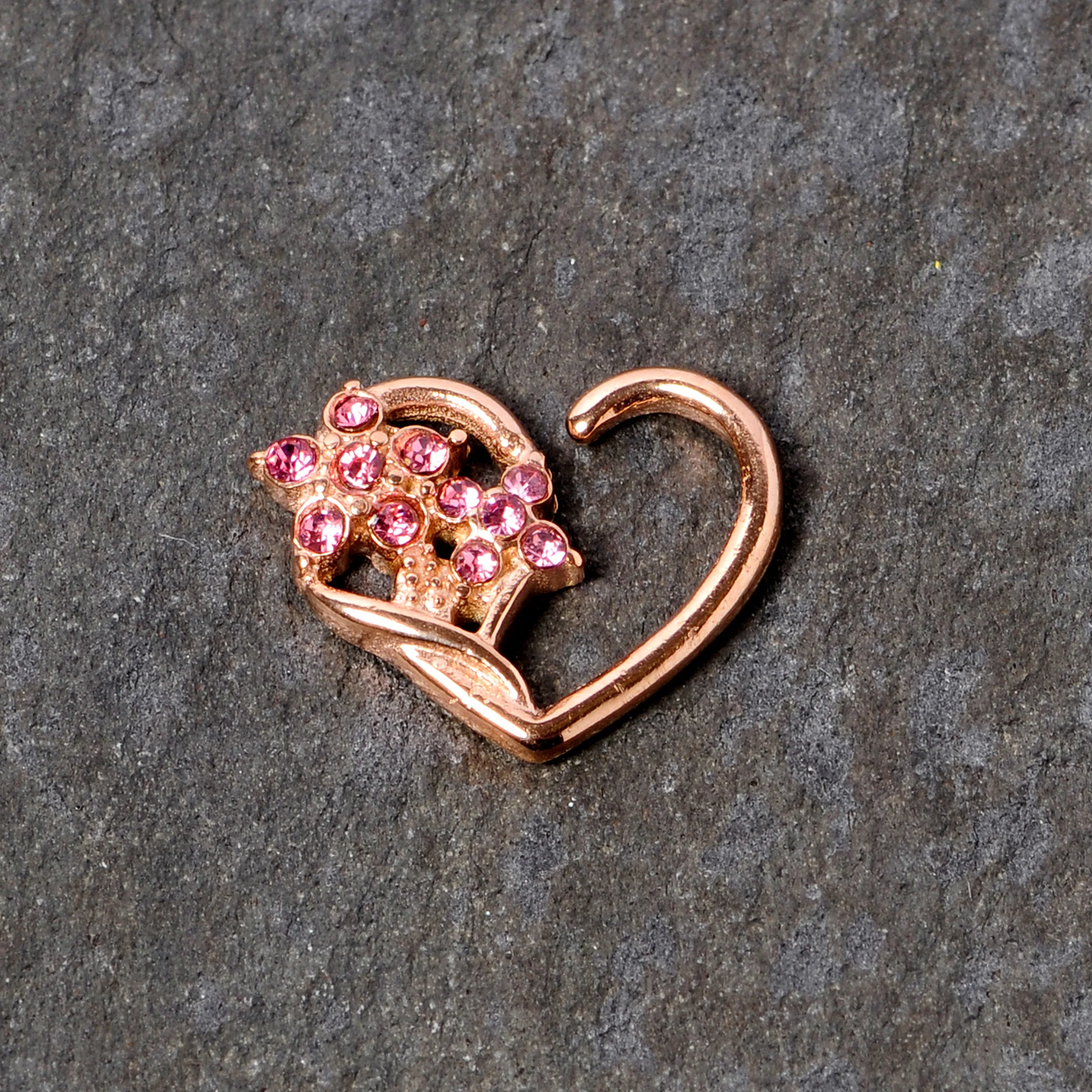 16G 3/8 Pink Gem Rose Gold Tone Heart Right Ear Closure Ring - Image 2