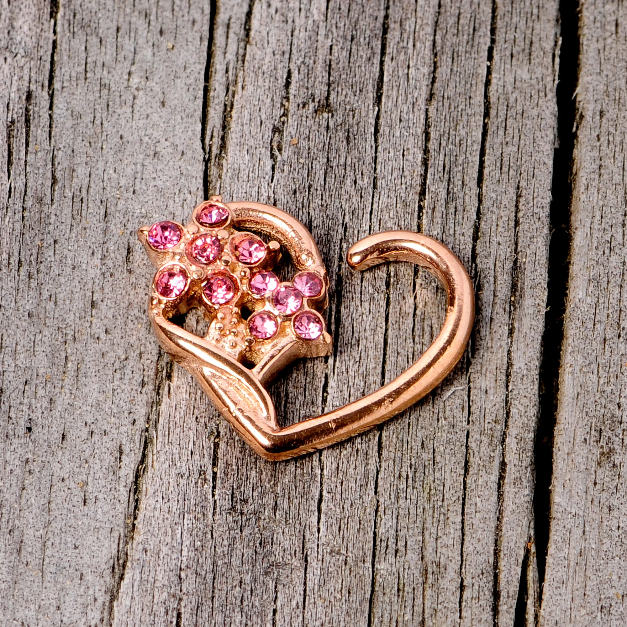 16G 3/8 Pink Gem Rose Gold Tone Heart Right Ear Closure Ring - Image 3