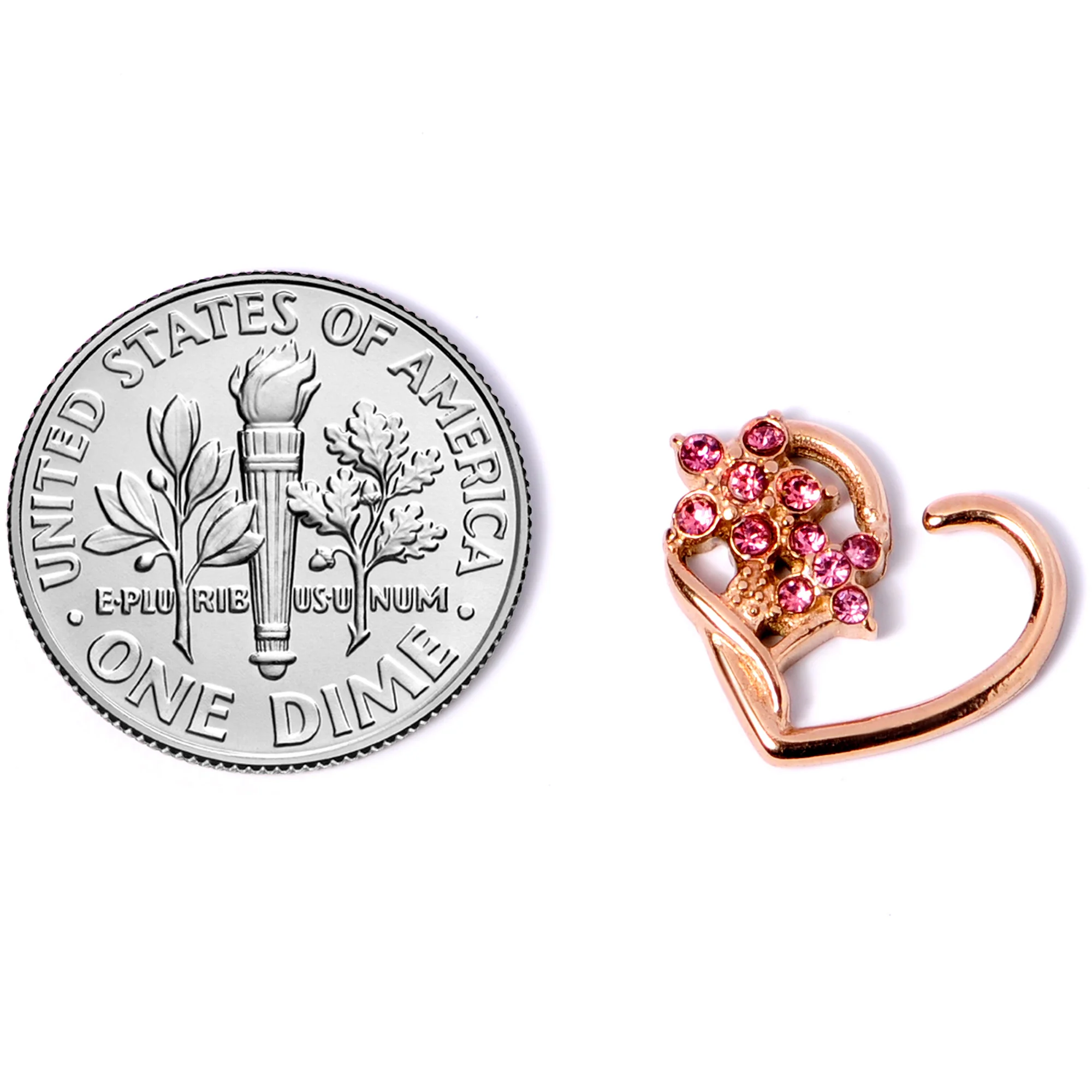 16G 3/8 Pink Gem Rose Gold Tone Heart Right Ear Closure Ring - Image 4
