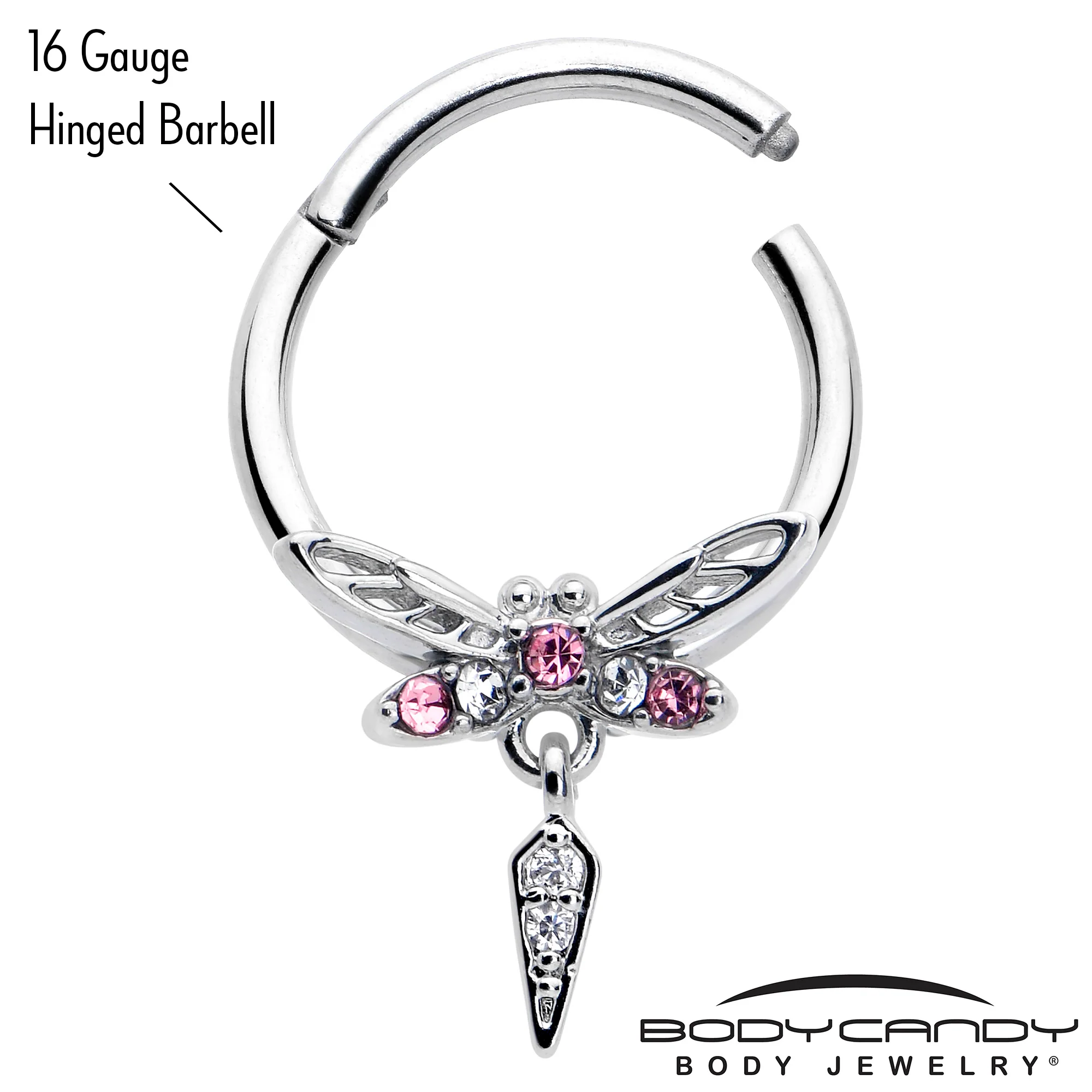16G 3/8 Pink Gem Swank Dragonfly Dangle Hinged Segment Ring - Image 3