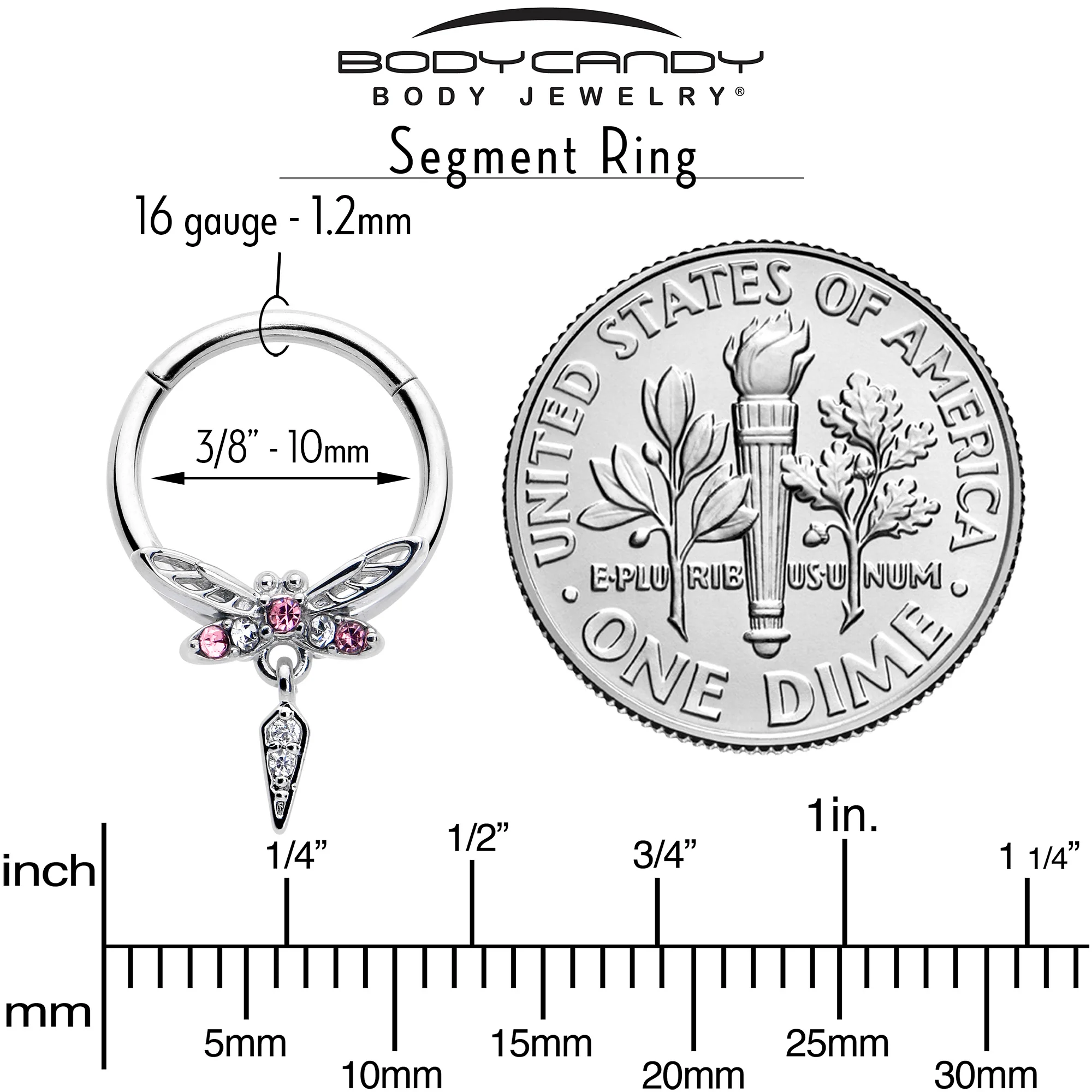 16G 3/8 Pink Gem Swank Dragonfly Dangle Hinged Segment Ring - Image 4