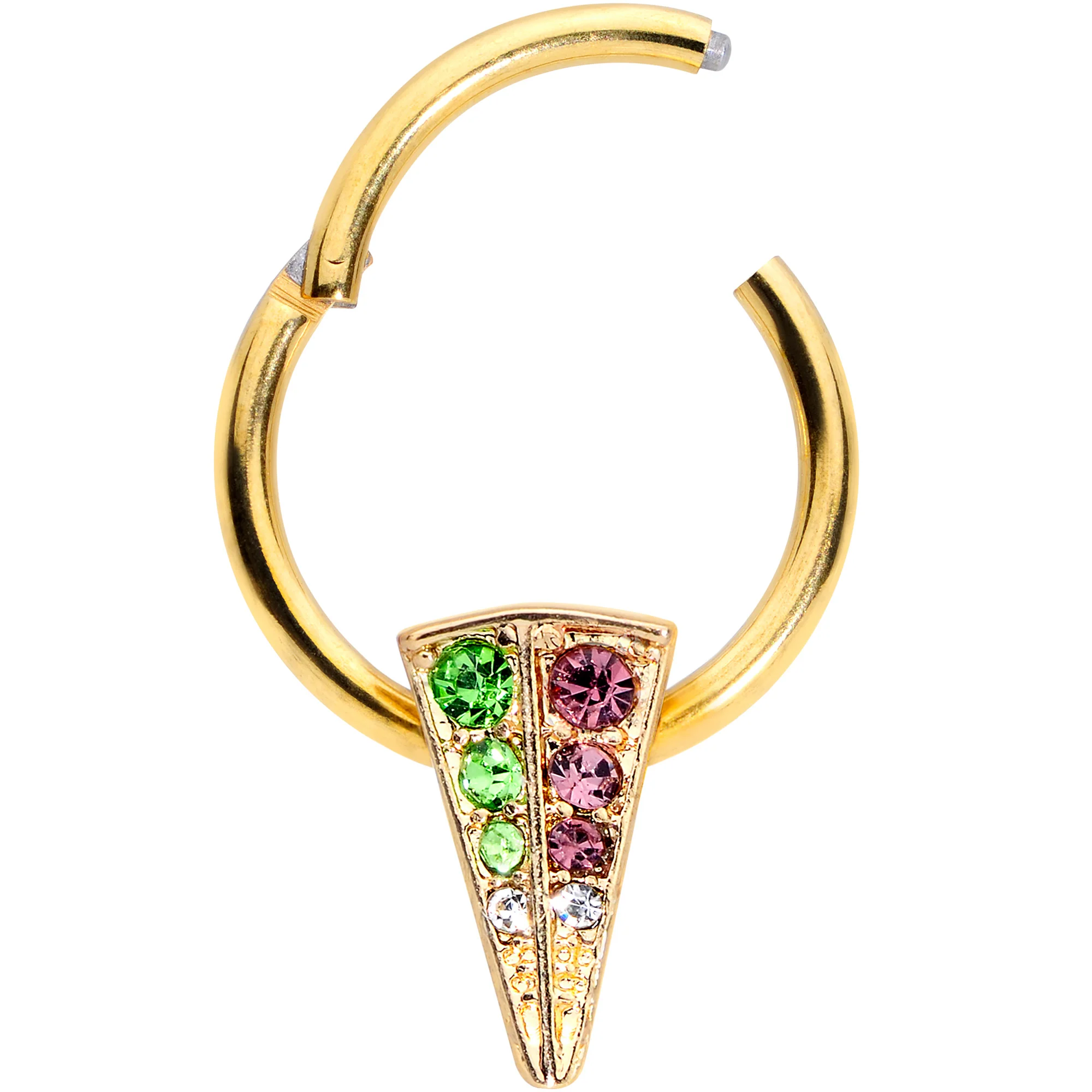 16G 3//8 Pink Green Gem Gold Tone Triangle Hinged Segment Ring - Image 2
