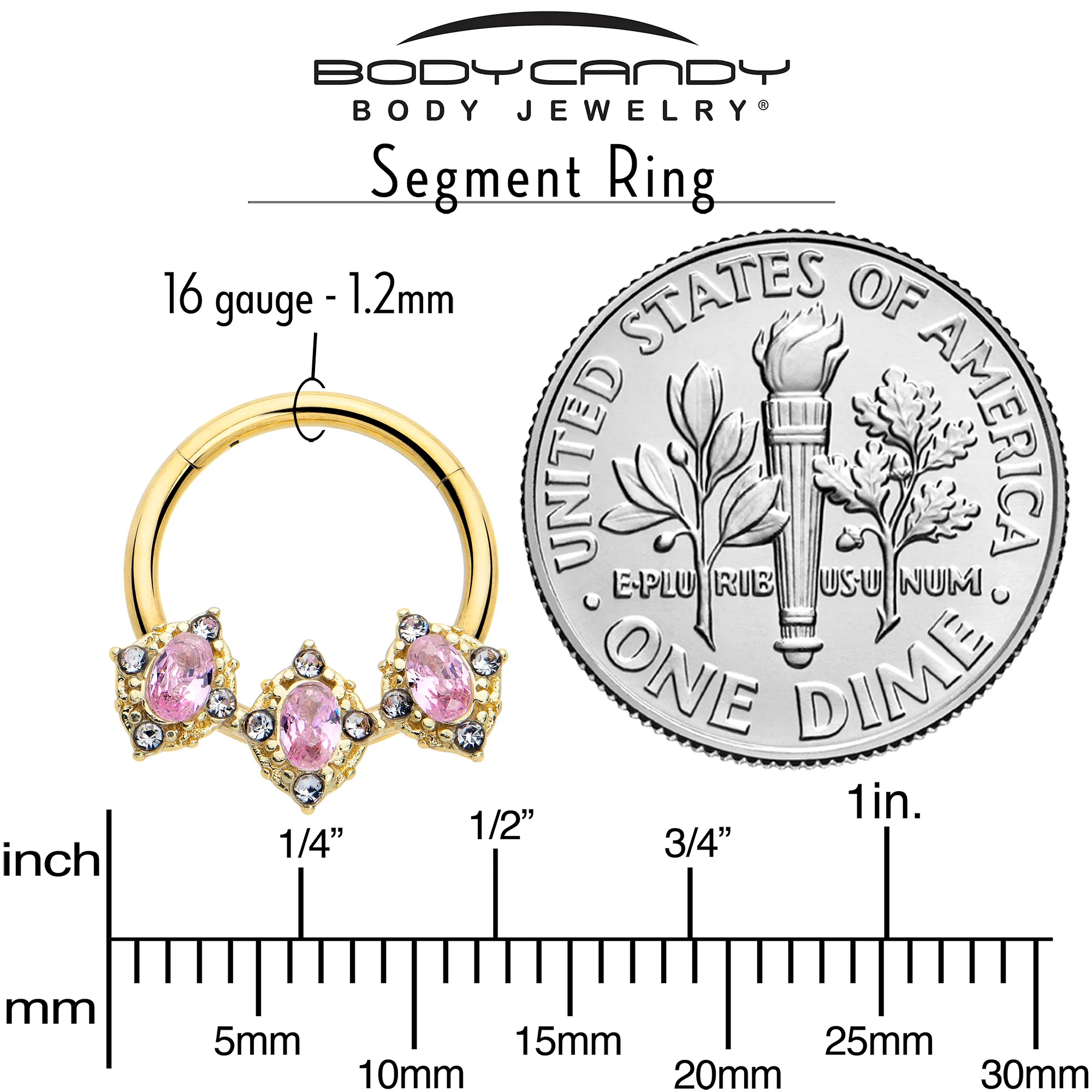 16G 3/8 Pink Tourmaline Gold Tone Wondrous Trio Hinged Segment Ring - Image 4