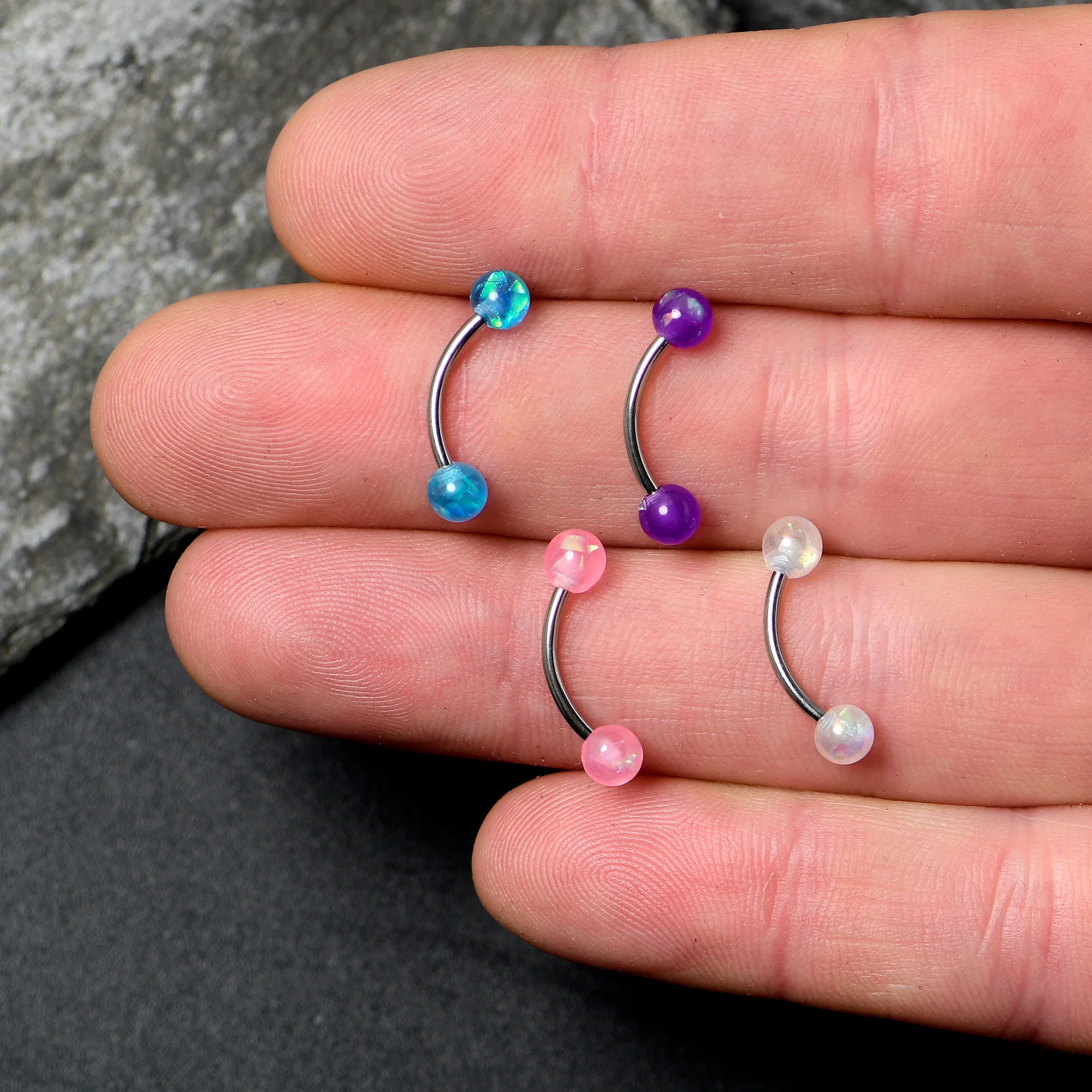 16G 3/8 Pink White Purple Faux Opal PackCurved Eyebrow Ring Set of 4 - Image 4
