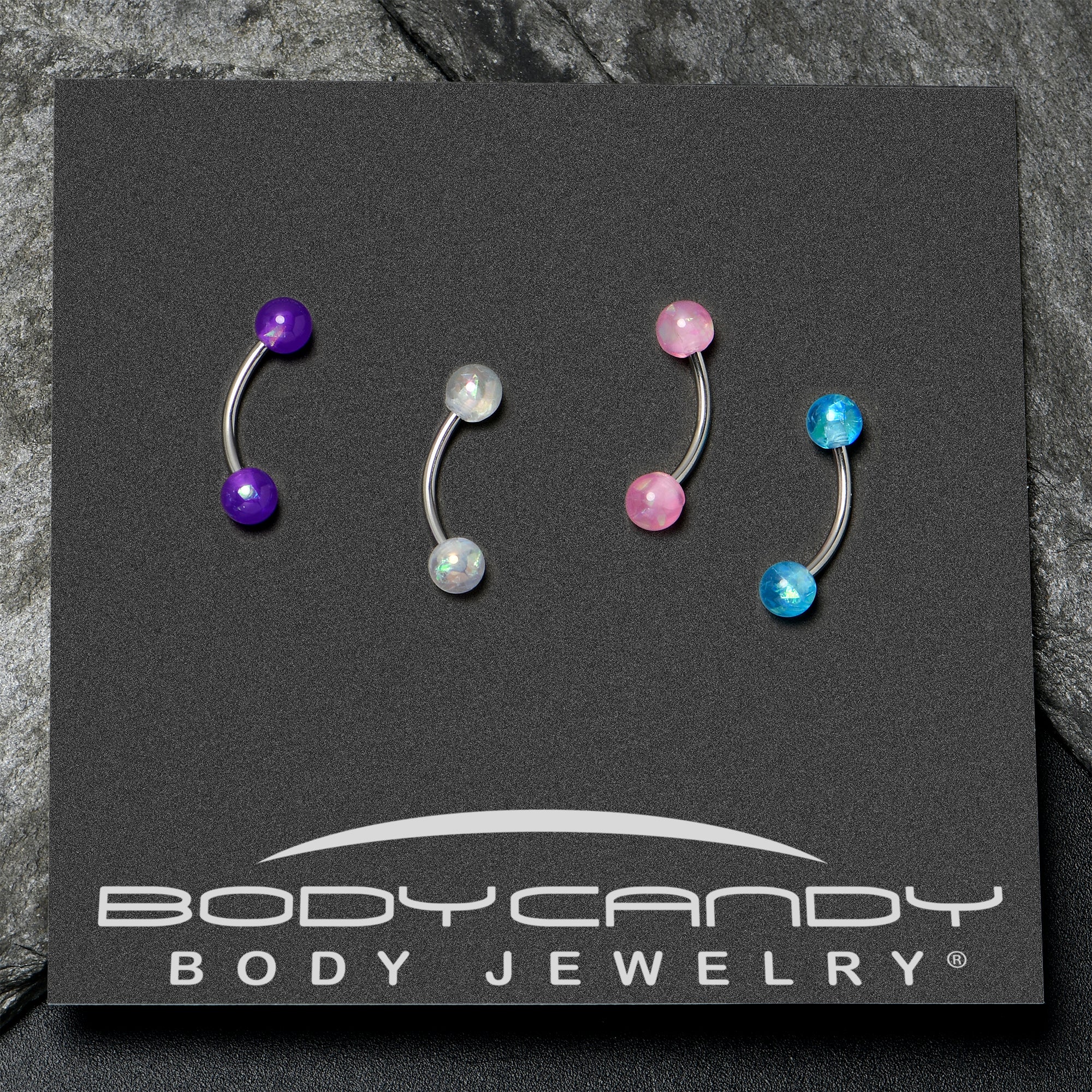 16G 3/8 Pink White Purple Faux Opal PackCurved Eyebrow Ring Set of 4 - Image 6