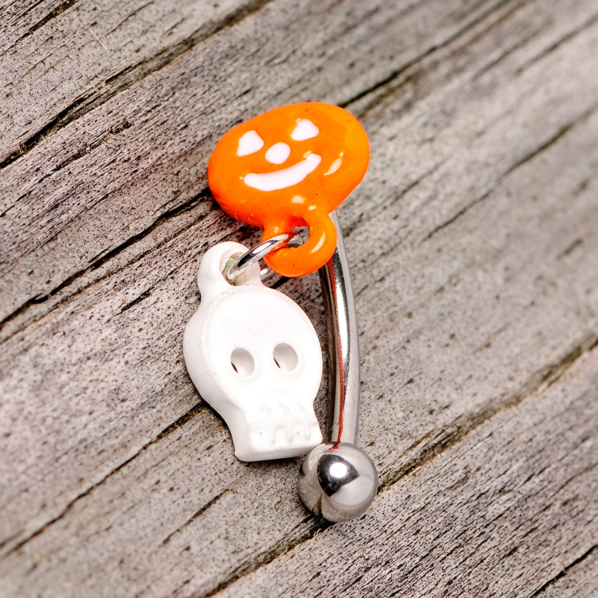 16G 3/8 Pumpkin Ghost Halloween Dangle Curved Eyebrow Ring - Image 4
