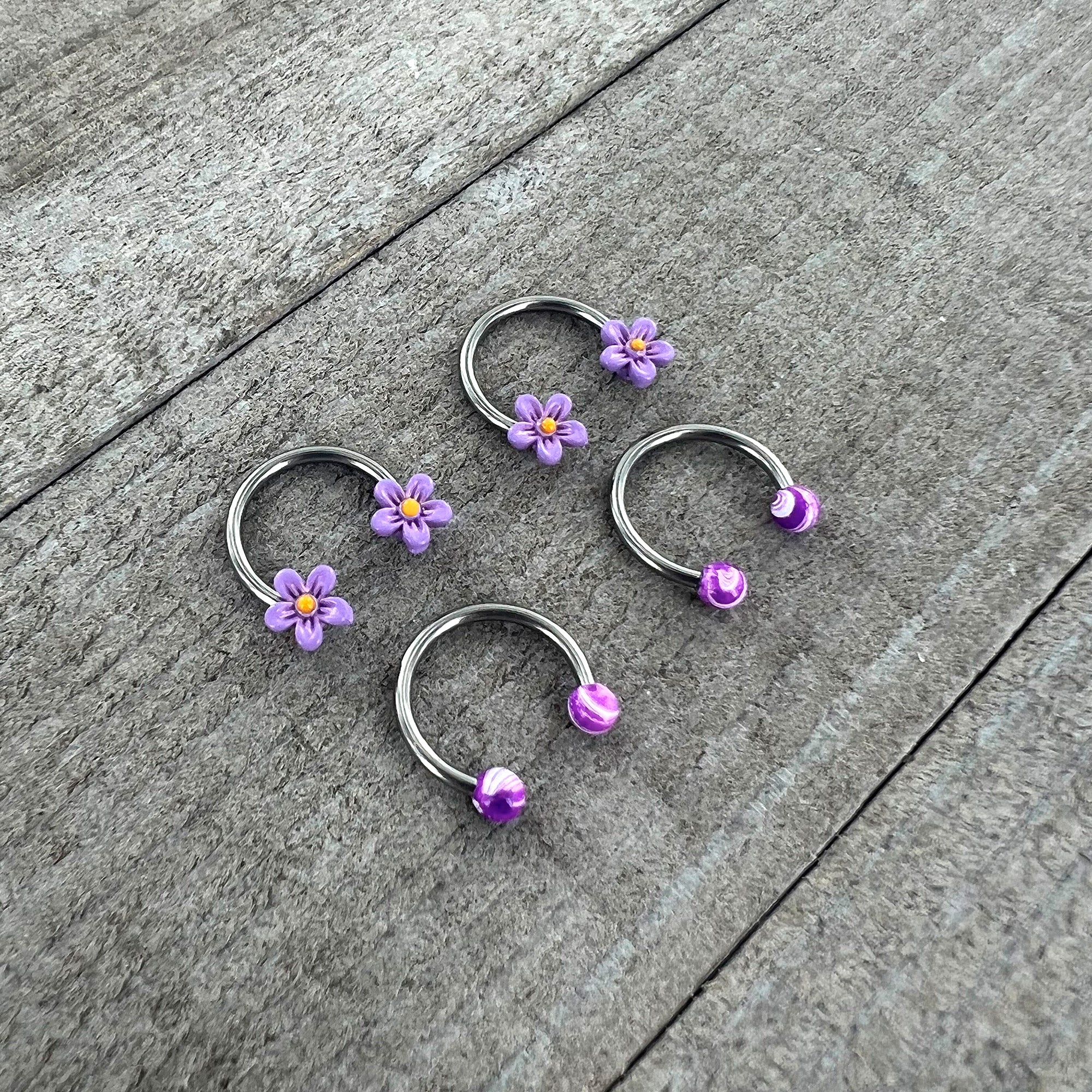 16G 3/8 Purple Ball Flowers Horseshoe Circular Barbell Set of 4 - Image 4