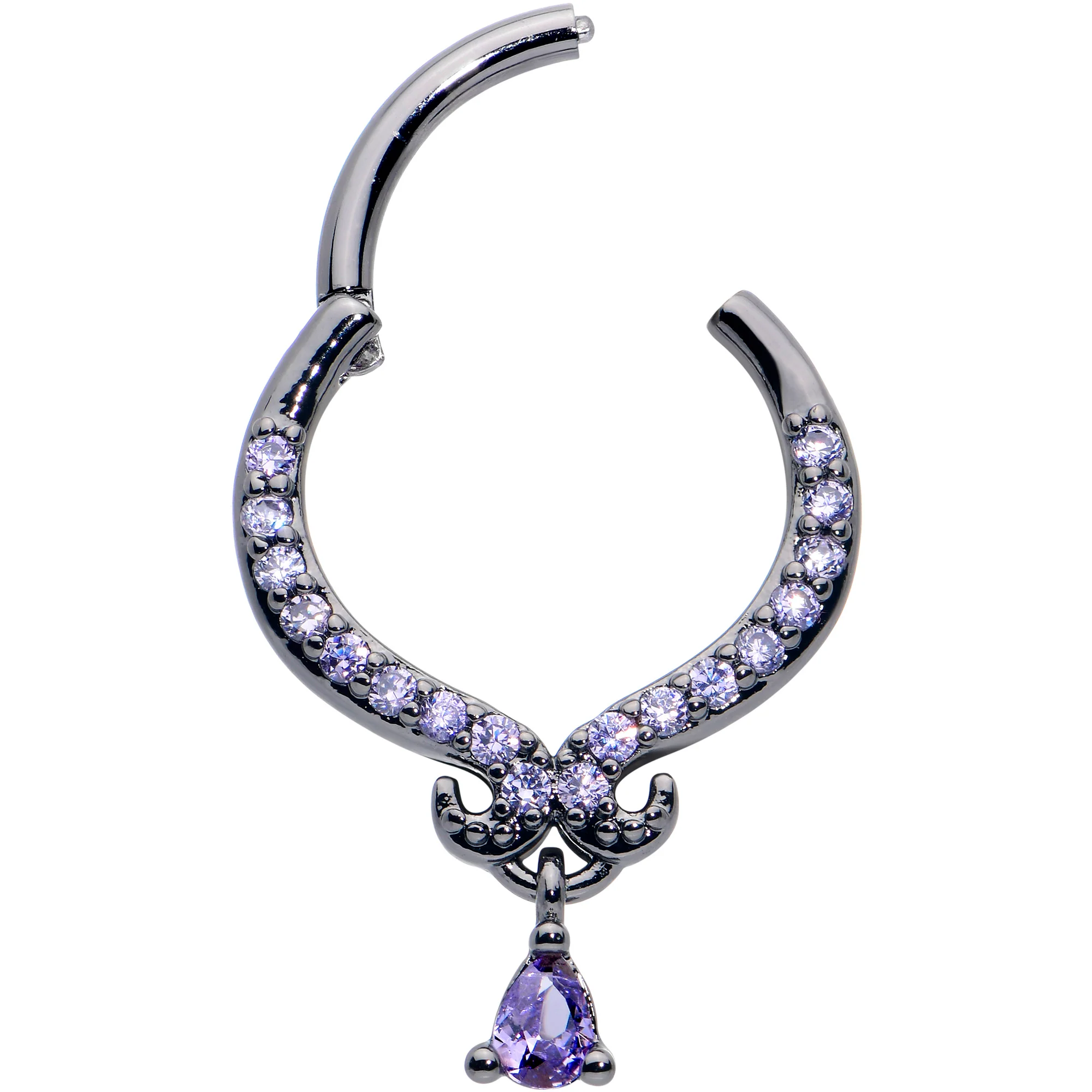 16G 3/8 Purple CZ Gem Black Elegant Curves Dangle Hinged Segment Ring - Image 2