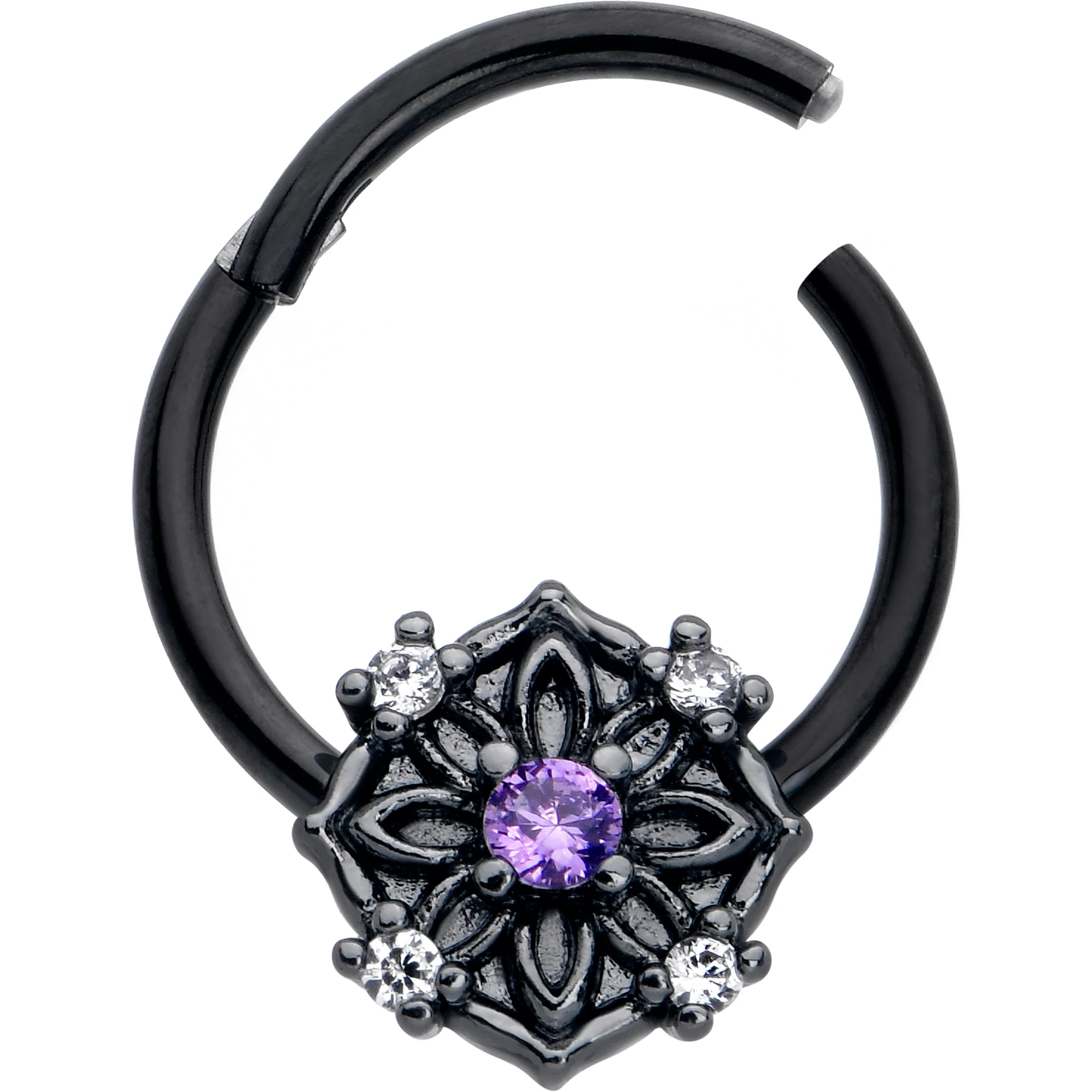 16G 3/8 Purple CZ Gem Black Flower Ring Hinged Segment Ring - Image 2