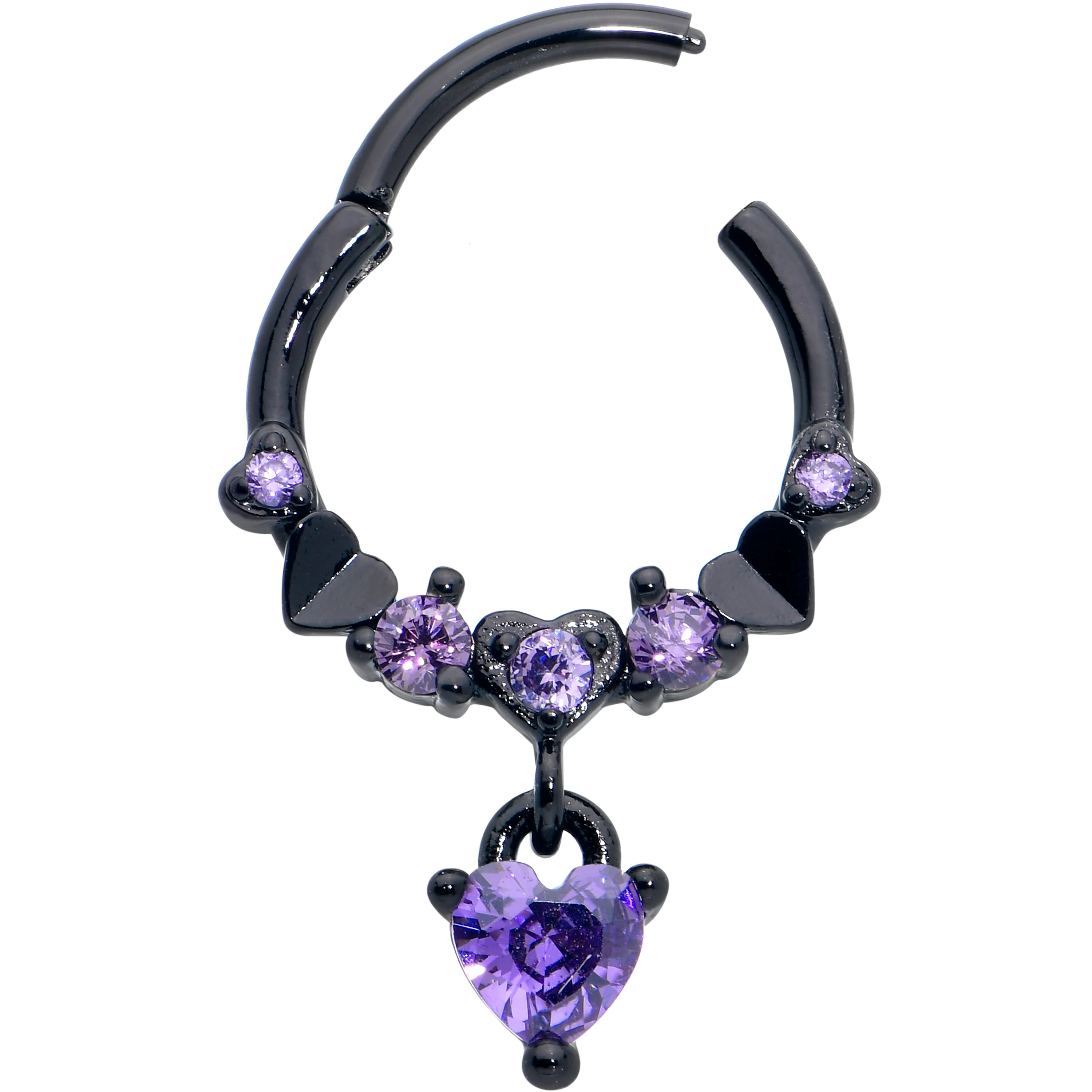 16G 3/8 Purple CZ Gem Black Love Heart Dangle Hinged Segment Ring - Image 2