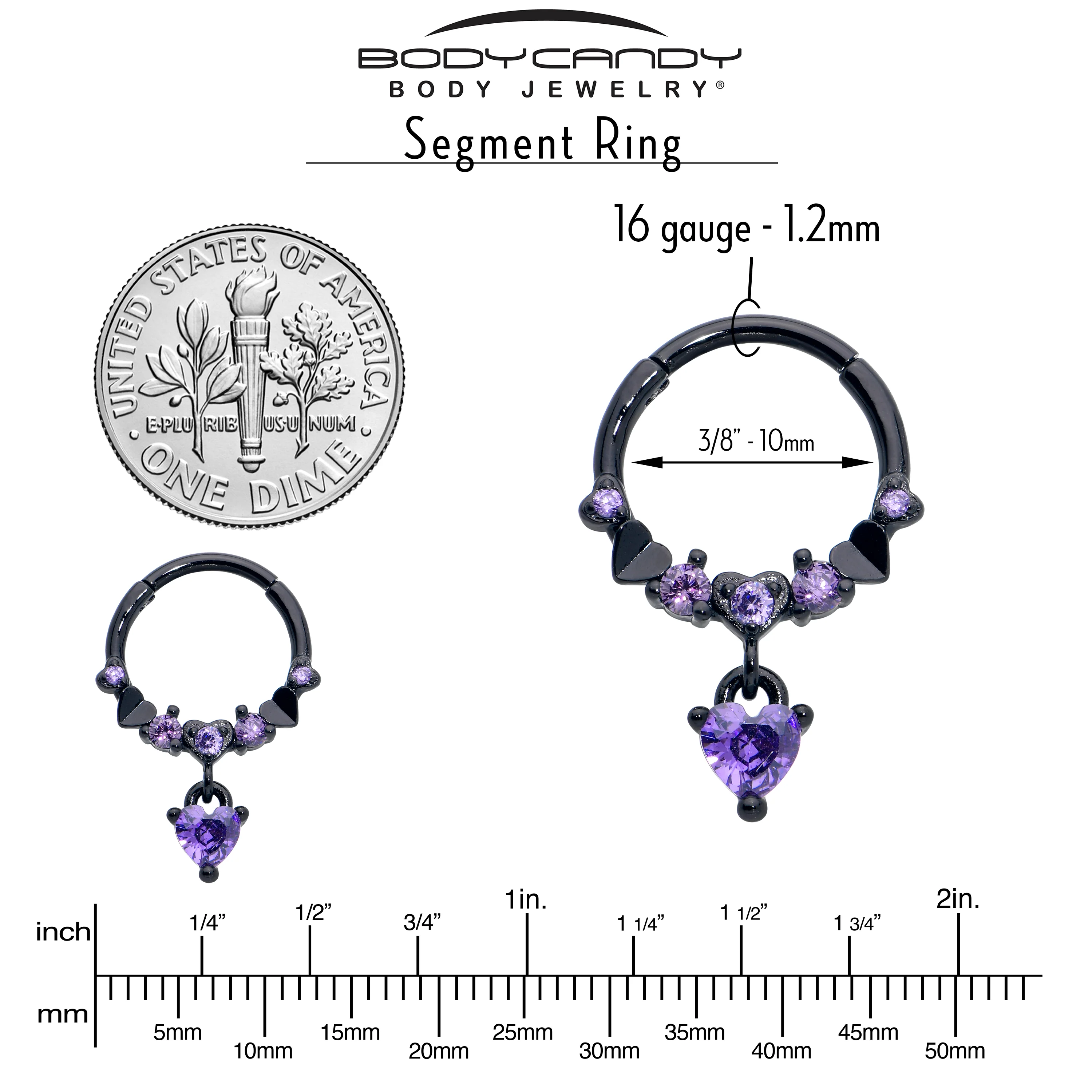 16G 3/8 Purple CZ Gem Black Love Heart Dangle Hinged Segment Ring - Image 4