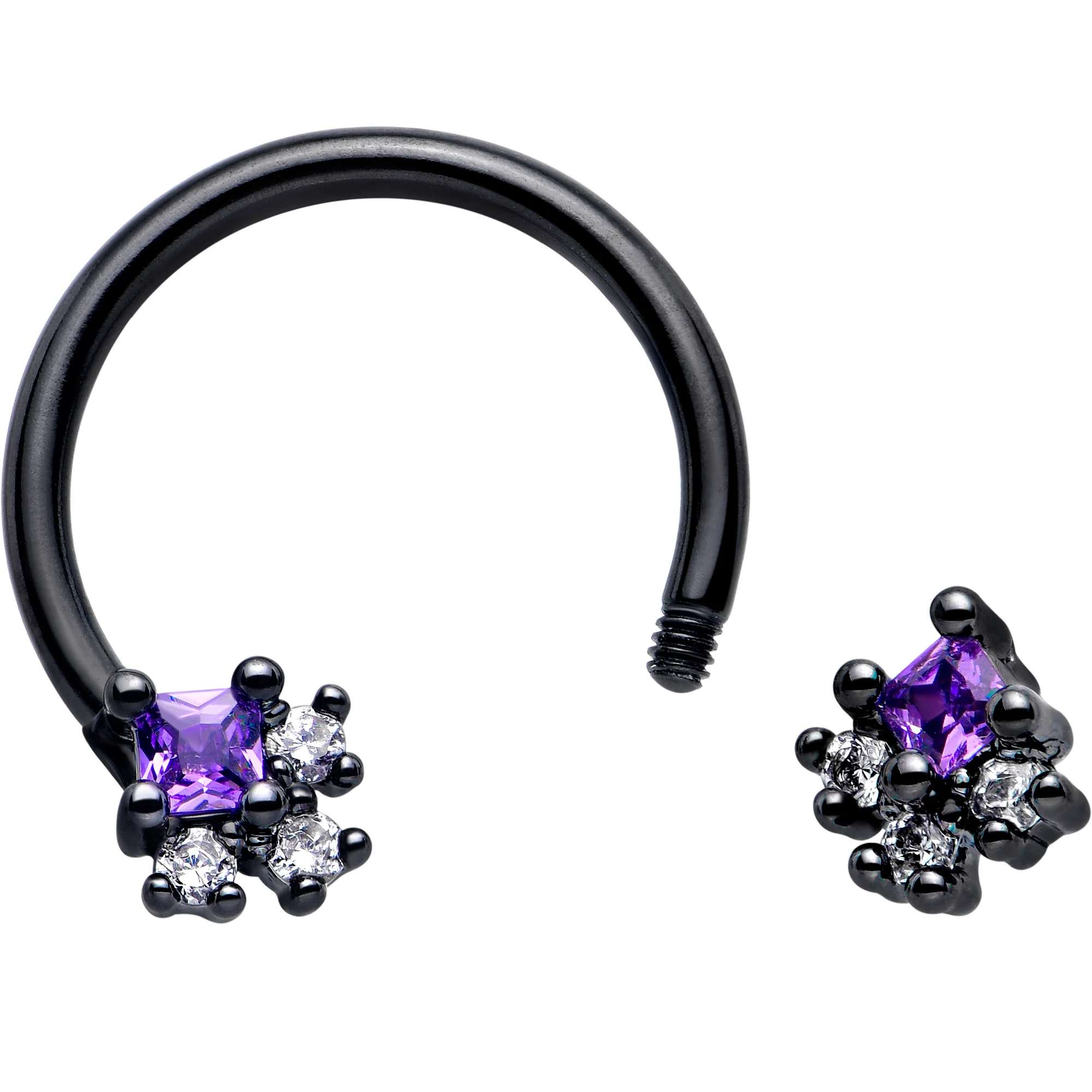 16G 3/8 Purple CZ Gem Black Rhombus Riot Horseshoe Circular Barbell - Image 2