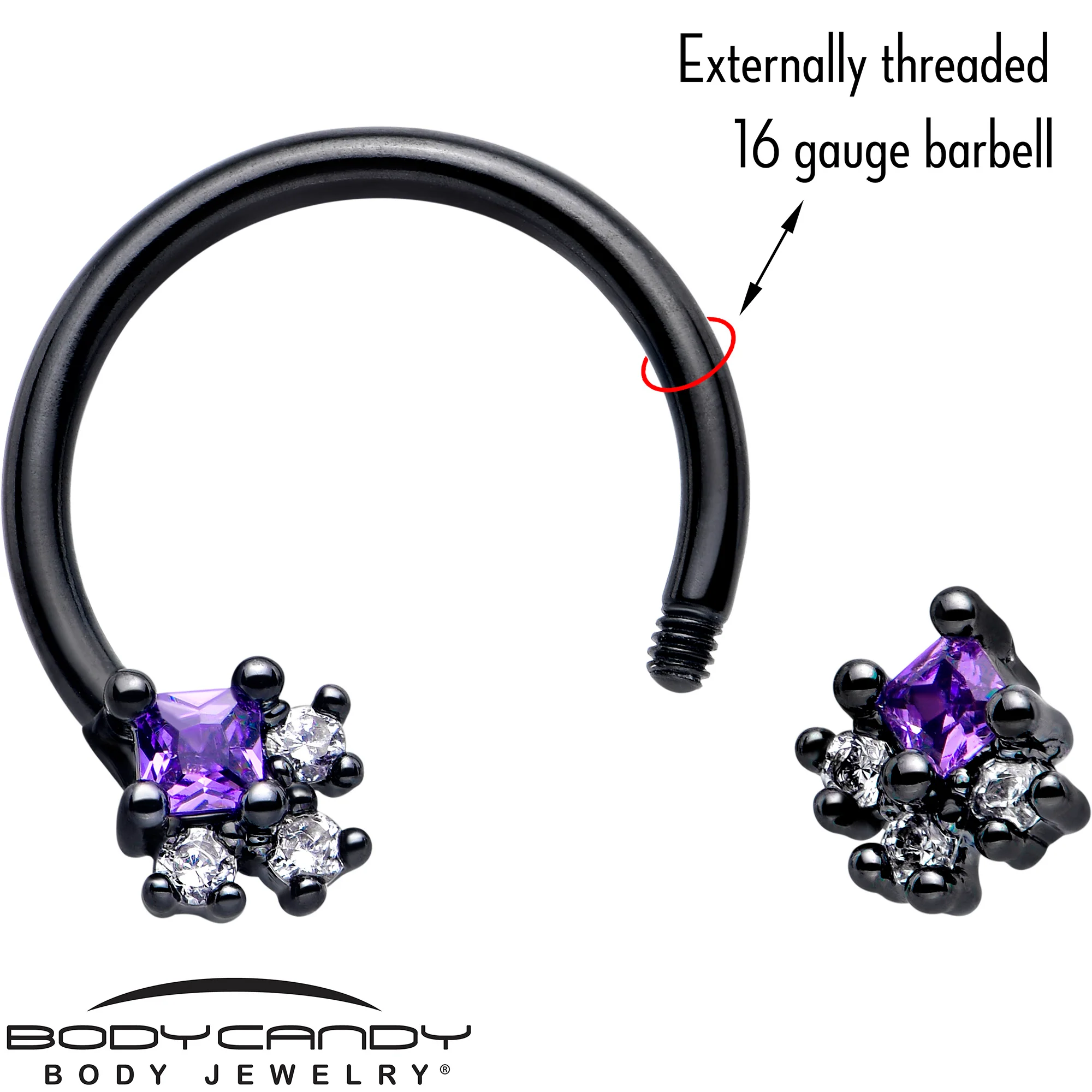 16G 3/8 Purple CZ Gem Black Rhombus Riot Horseshoe Circular Barbell - Image 3