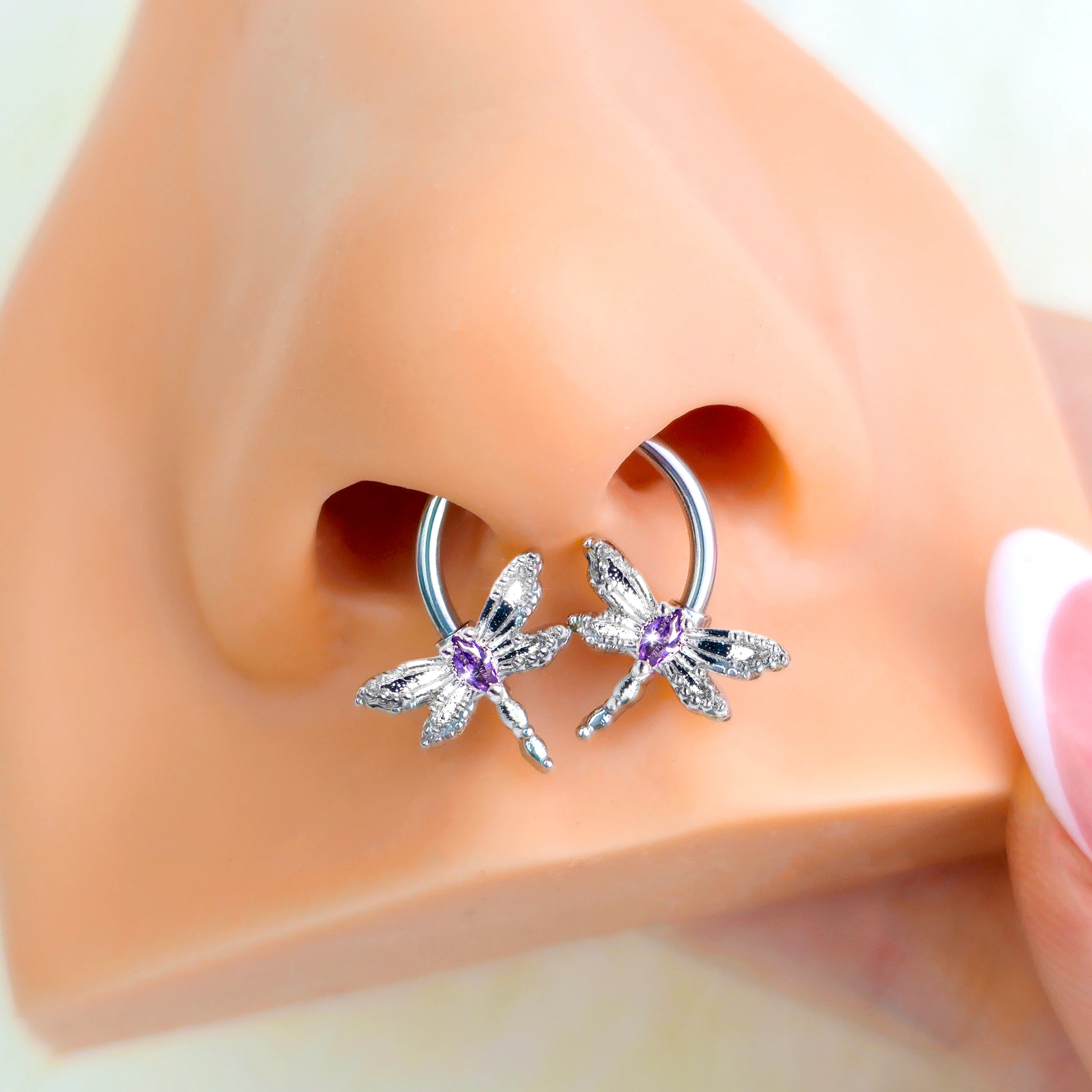 16G 3/8 Purple CZ Gem Open Dragonfly Horseshoe Circular Barbell - Image 2