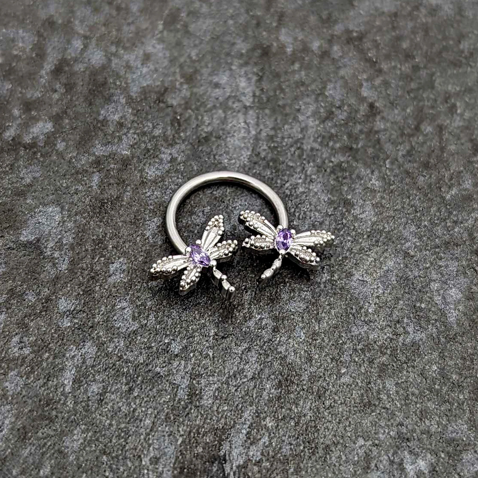 16G 3/8 Purple CZ Gem Open Dragonfly Horseshoe Circular Barbell - Image 5