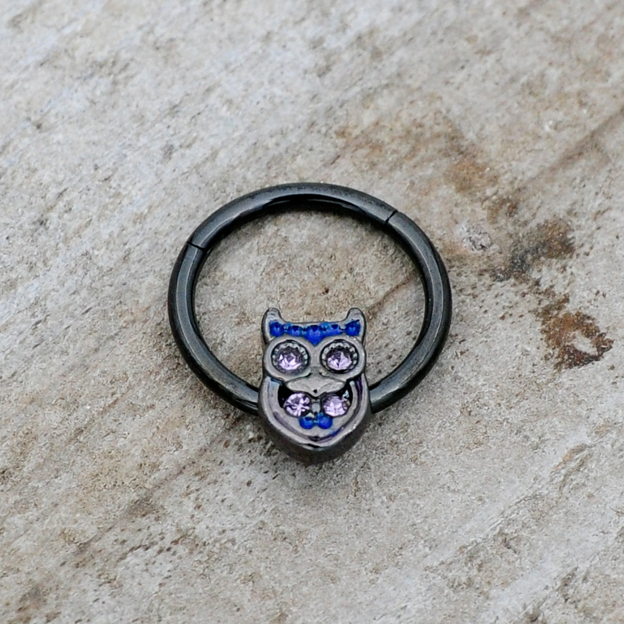 16G 3/8 Purple Gem Black Opulent Owl Hinged Segment Ring - Image 6