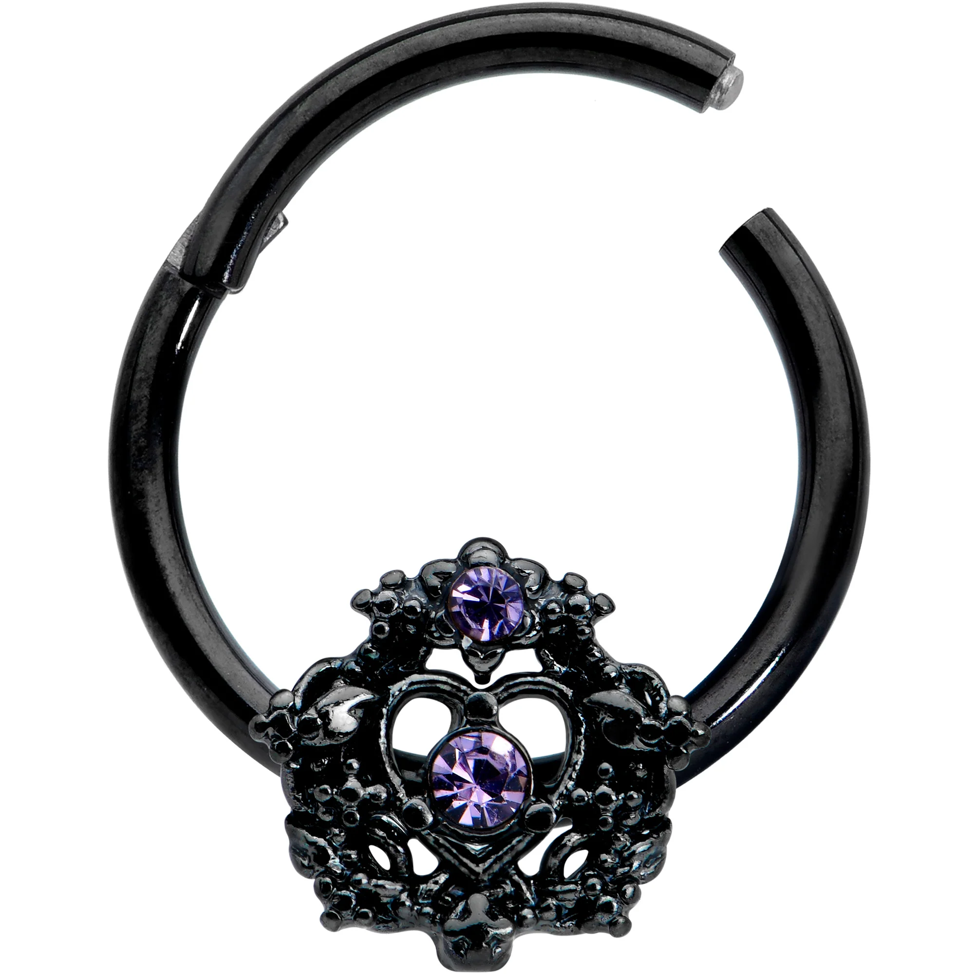 16G 3/8 Purple Gem Black Regal Crown Hinged Segment Ring - Image 2