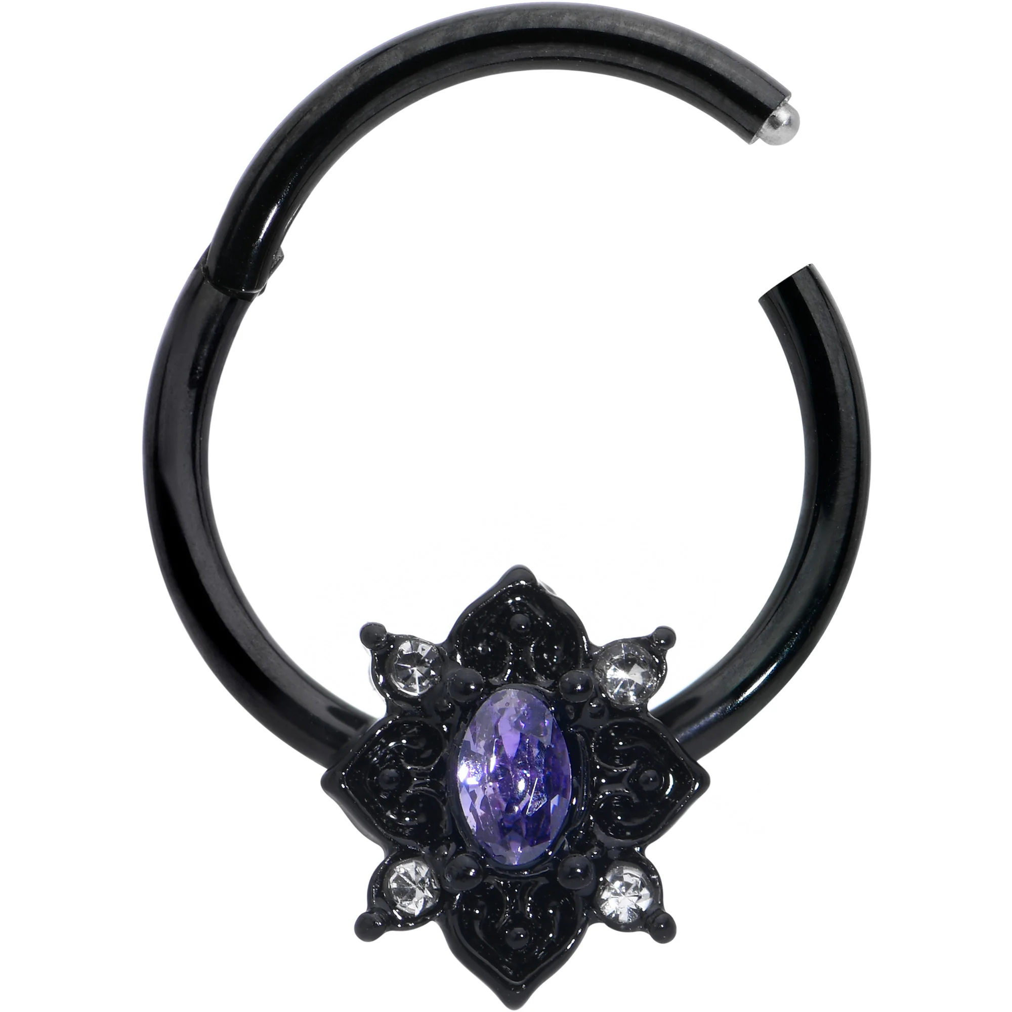 16G 3/8 Purple Gem Black Scrolling Hearts Hinged Segment Ring - Image 2