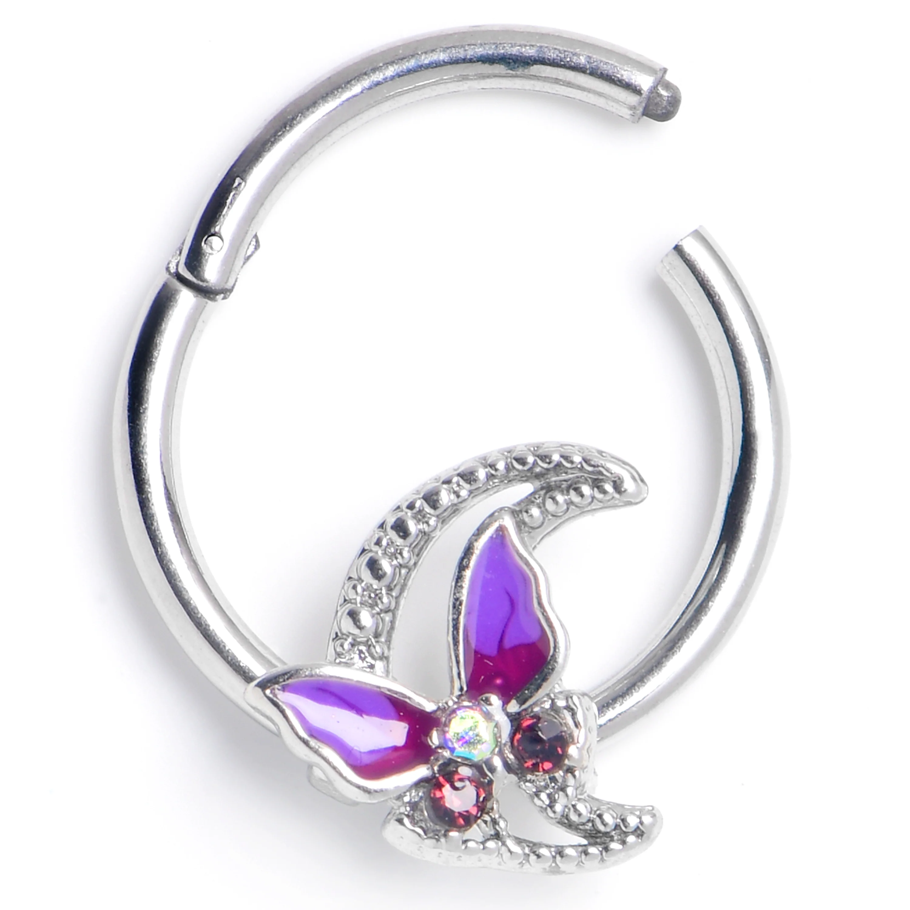 16G 3/8 Purple Gem Butterfly Purple Beauty Hinged Segment Ring