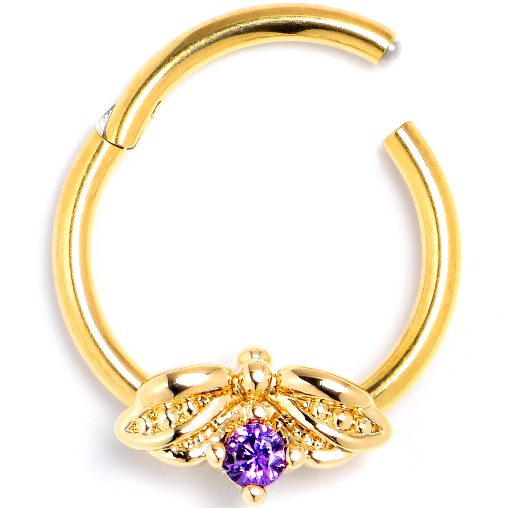 16G 3/8 Purple Gem Gold Tone Beauty Bug Hinged Segment Ring - Image 2