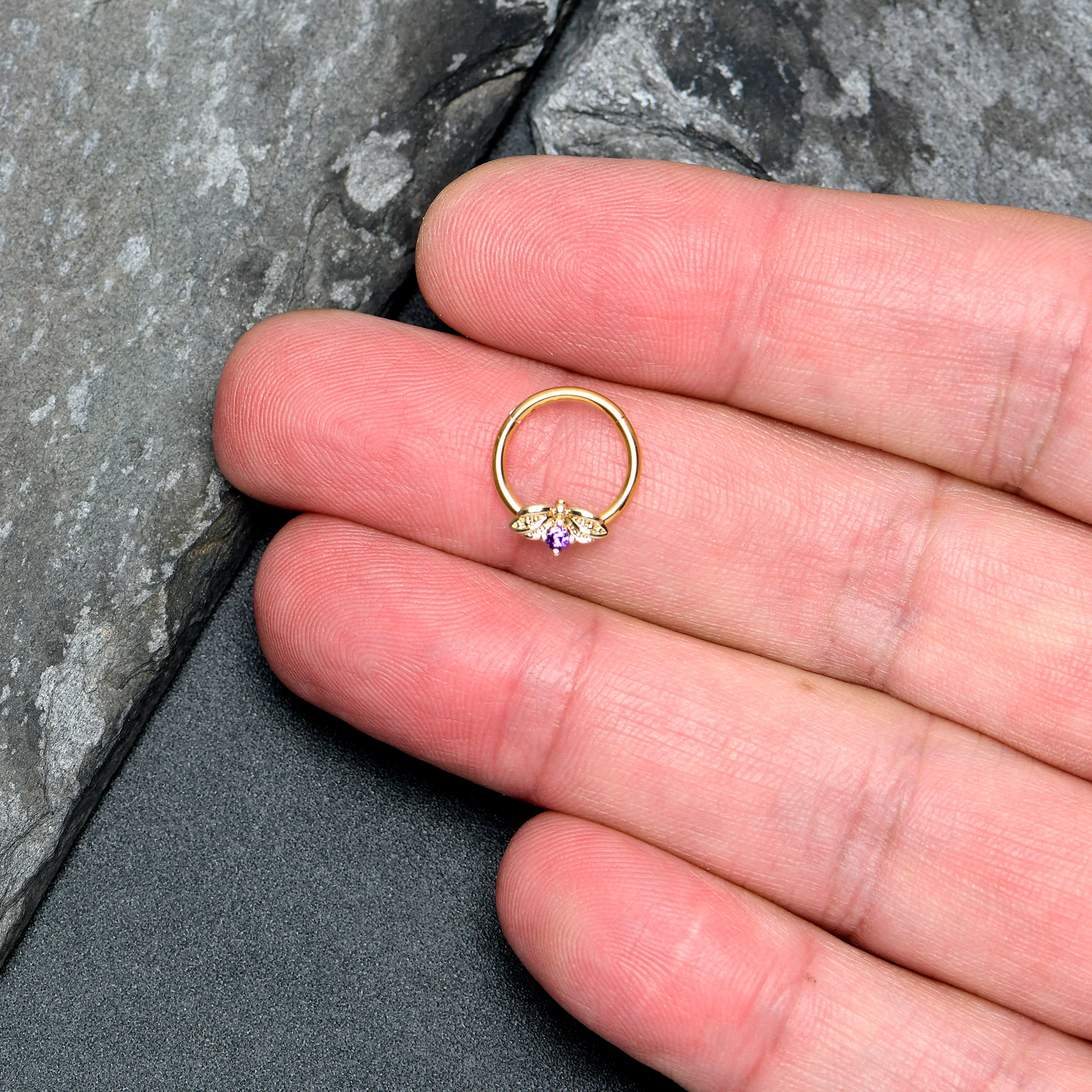 16G 3/8 Purple Gem Gold Tone Beauty Bug Hinged Segment Ring - Image 3