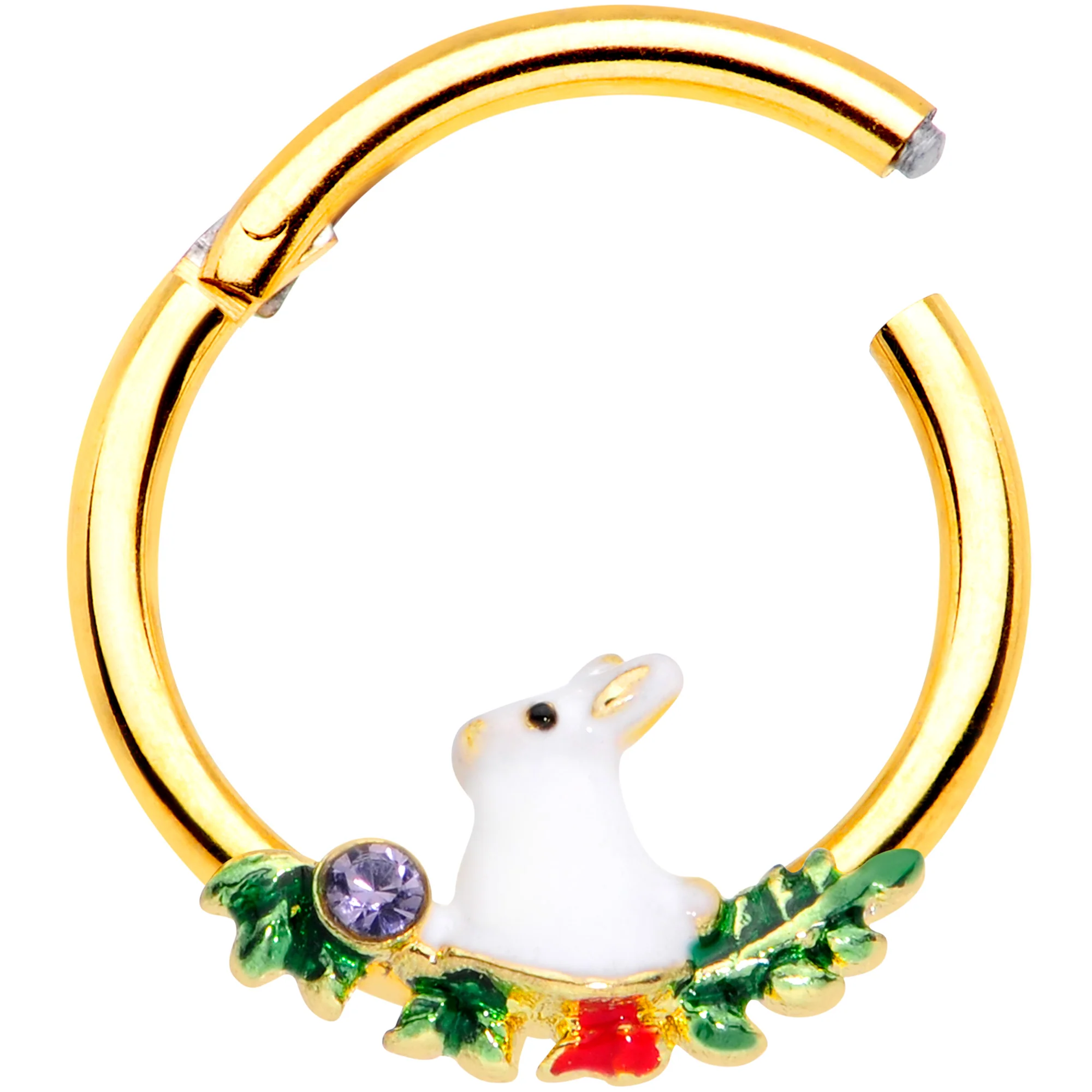 16G 3/8 Purple Gem Gold Tone White Rabbit Hinged Segment Ring - Image 2