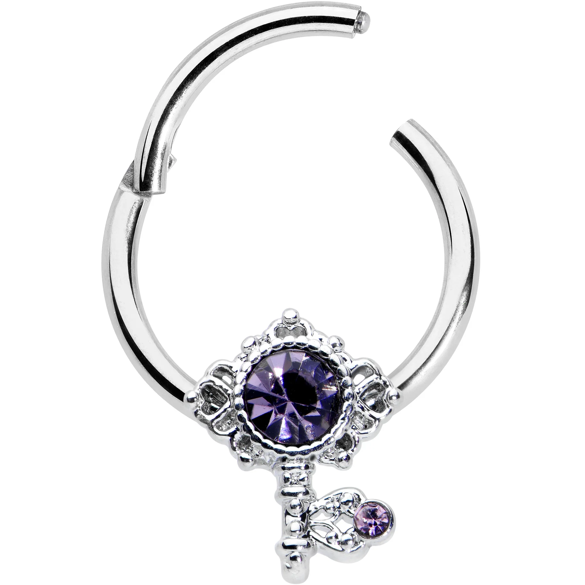 16G 3/8 Purple Gem Unlock My Heart Key Hinged Segment Ring - Image 2
