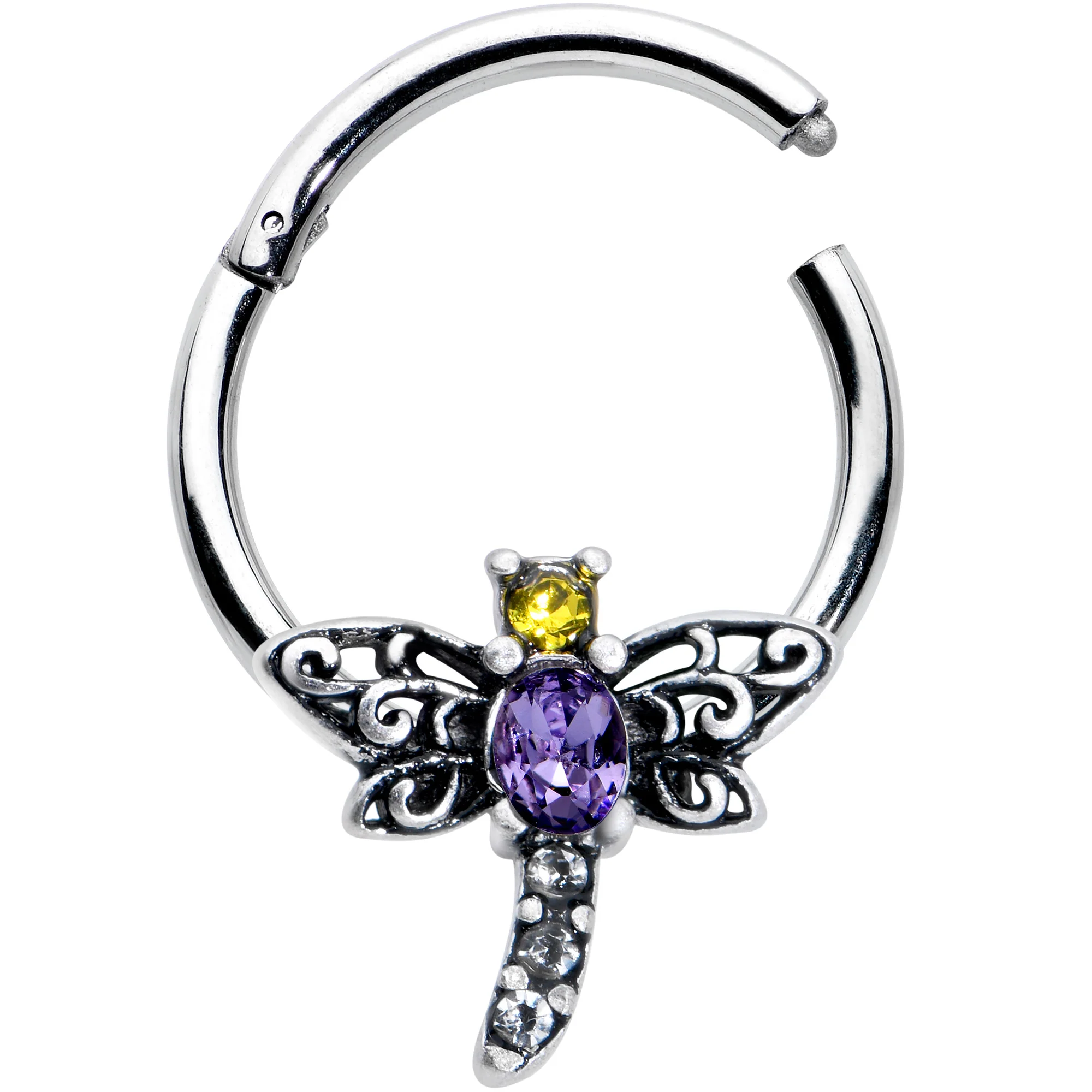 16G 3/8 Purple Yellow Gem Dragonfly Hinged Segment Ring - Image 2