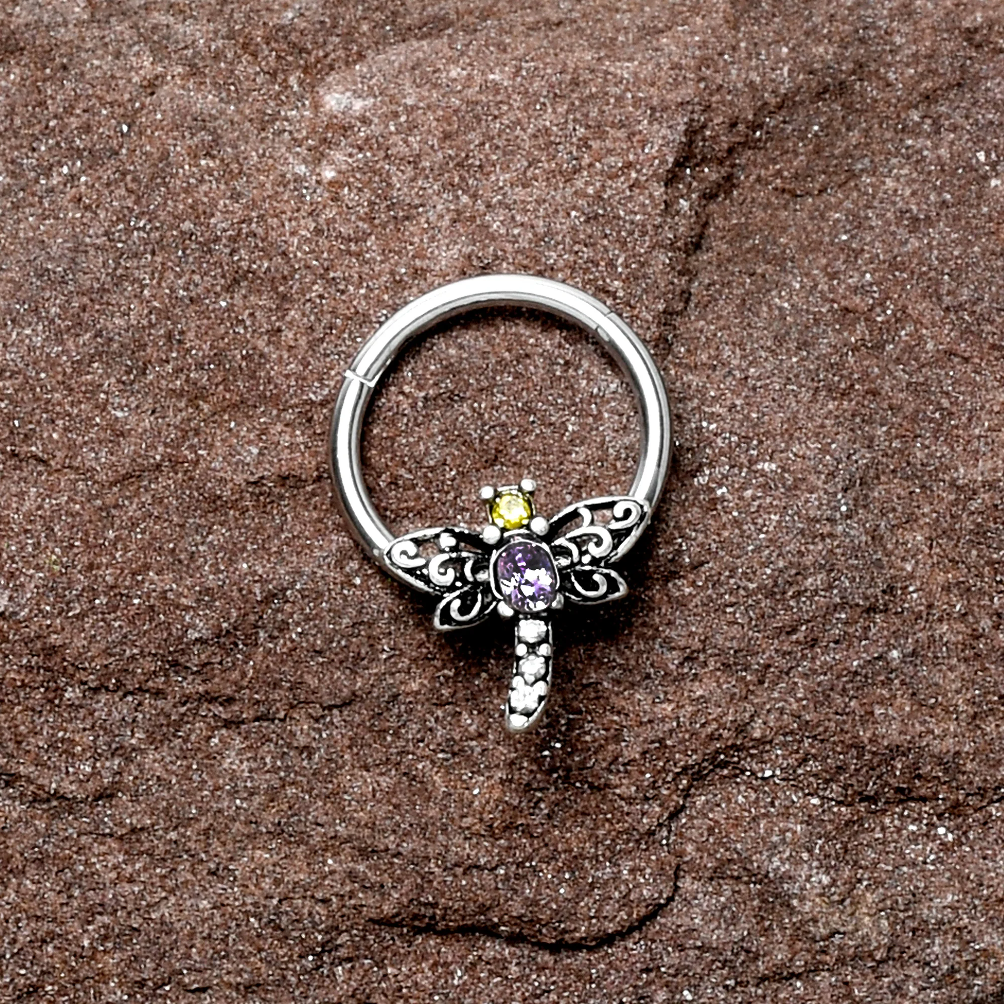 16G 3/8 Purple Yellow Gem Dragonfly Hinged Segment Ring - Image 3