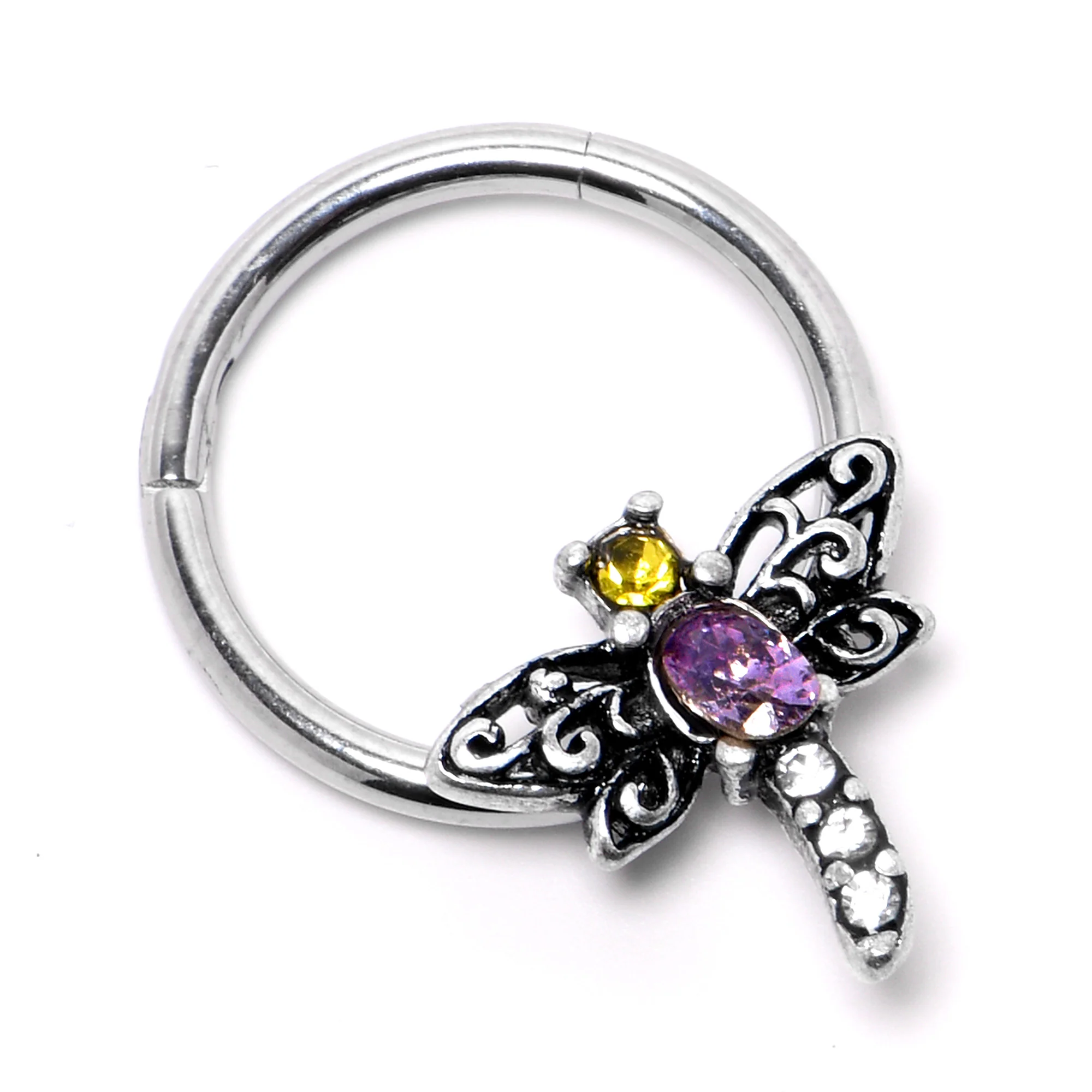 16G 3/8 Purple Yellow Gem Dragonfly Hinged Segment Ring - Image 4