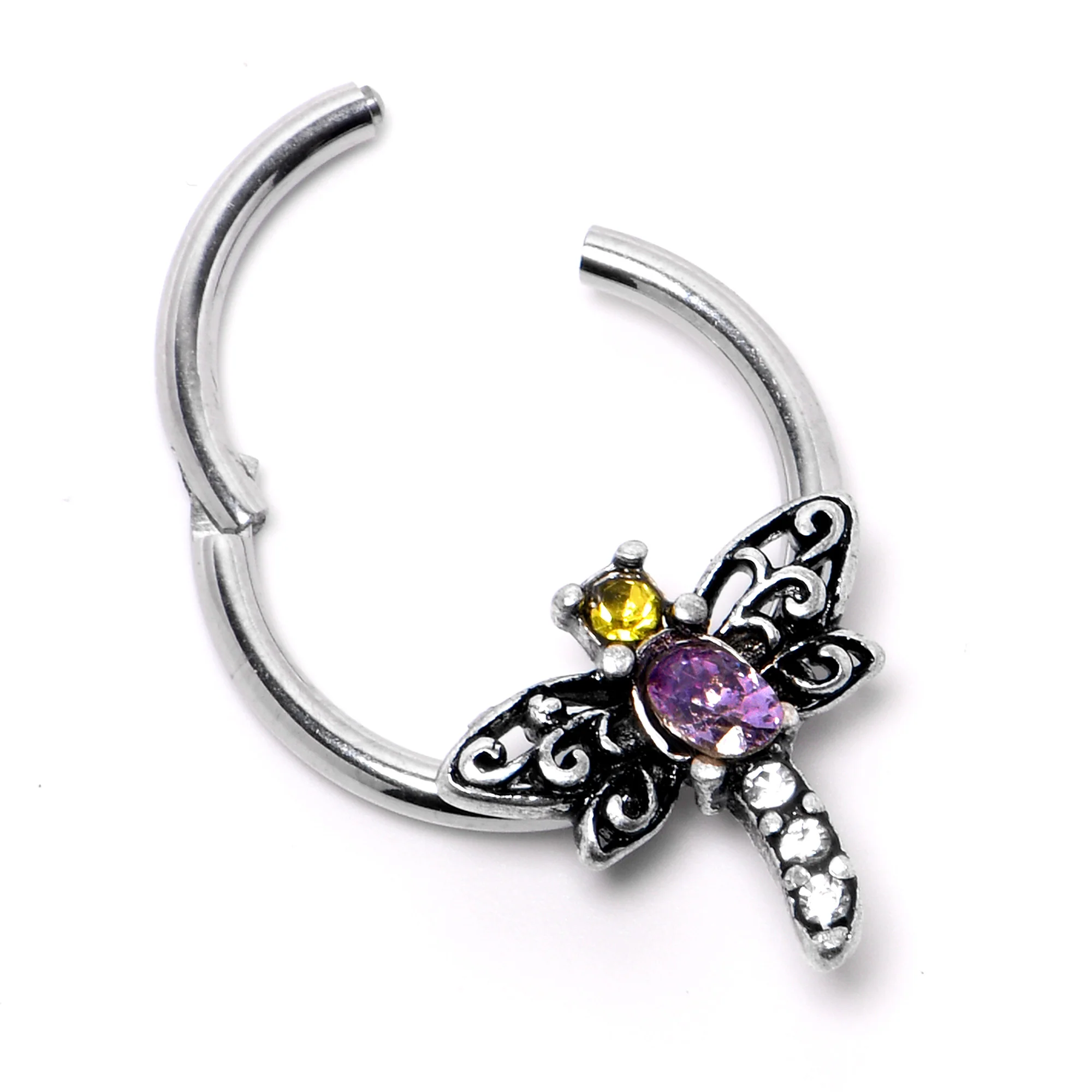 16G 3/8 Purple Yellow Gem Dragonfly Hinged Segment Ring - Image 5