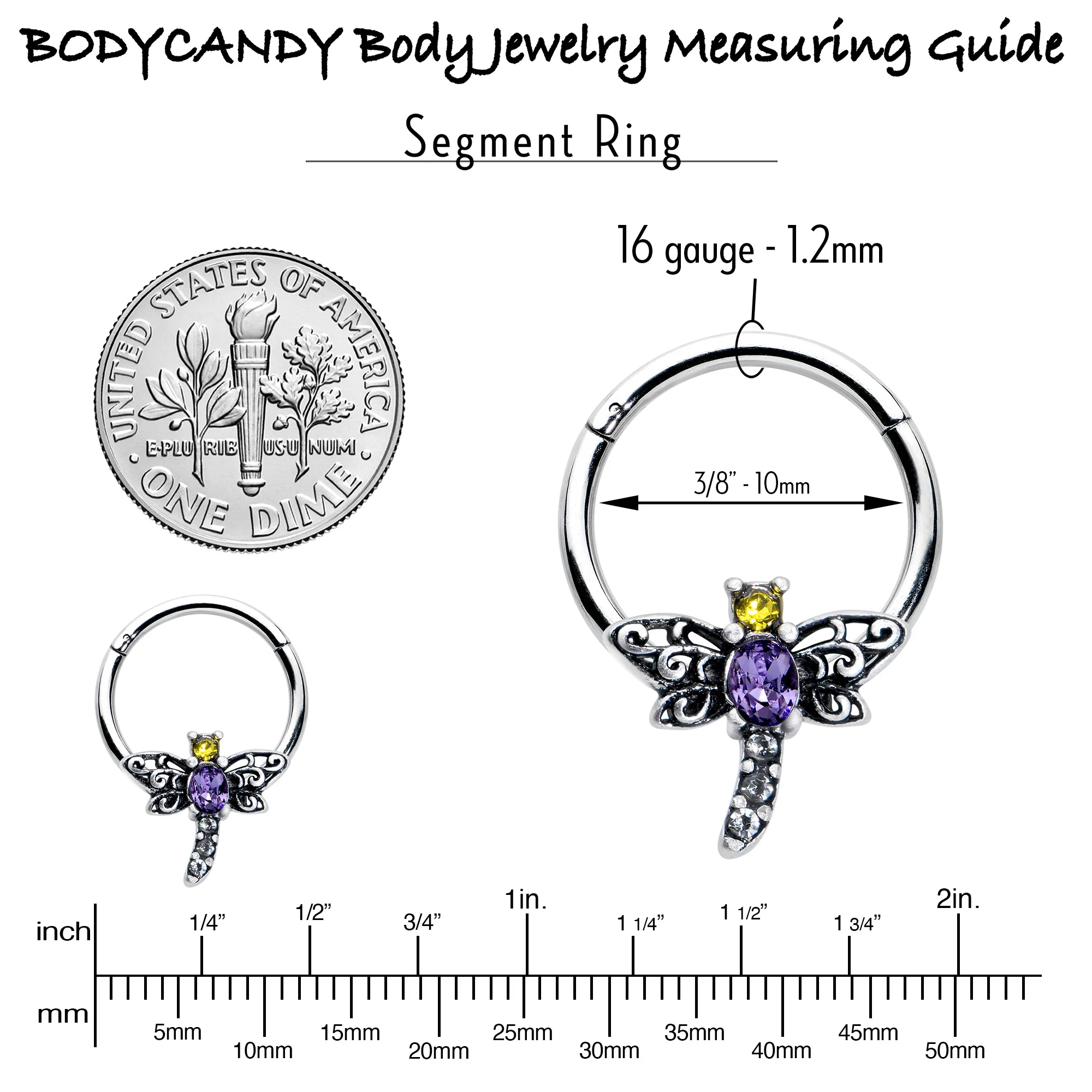 16G 3/8 Purple Yellow Gem Dragonfly Hinged Segment Ring - Image 7