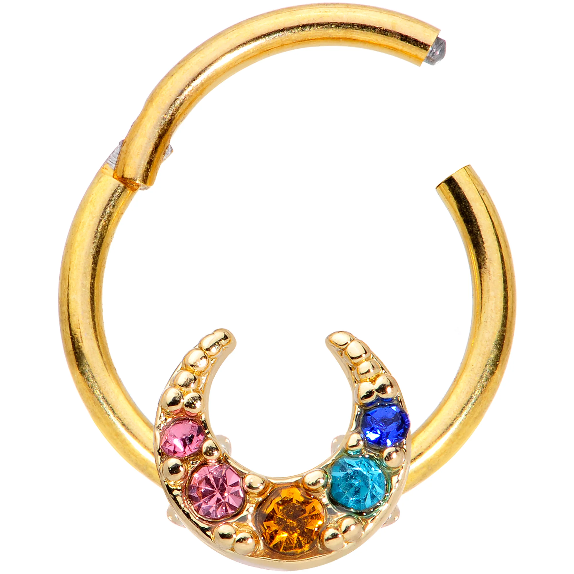16G 3/8 Rainbow Gem Gold Tone Crescent Moon Hinged Segment Ring - Image 2