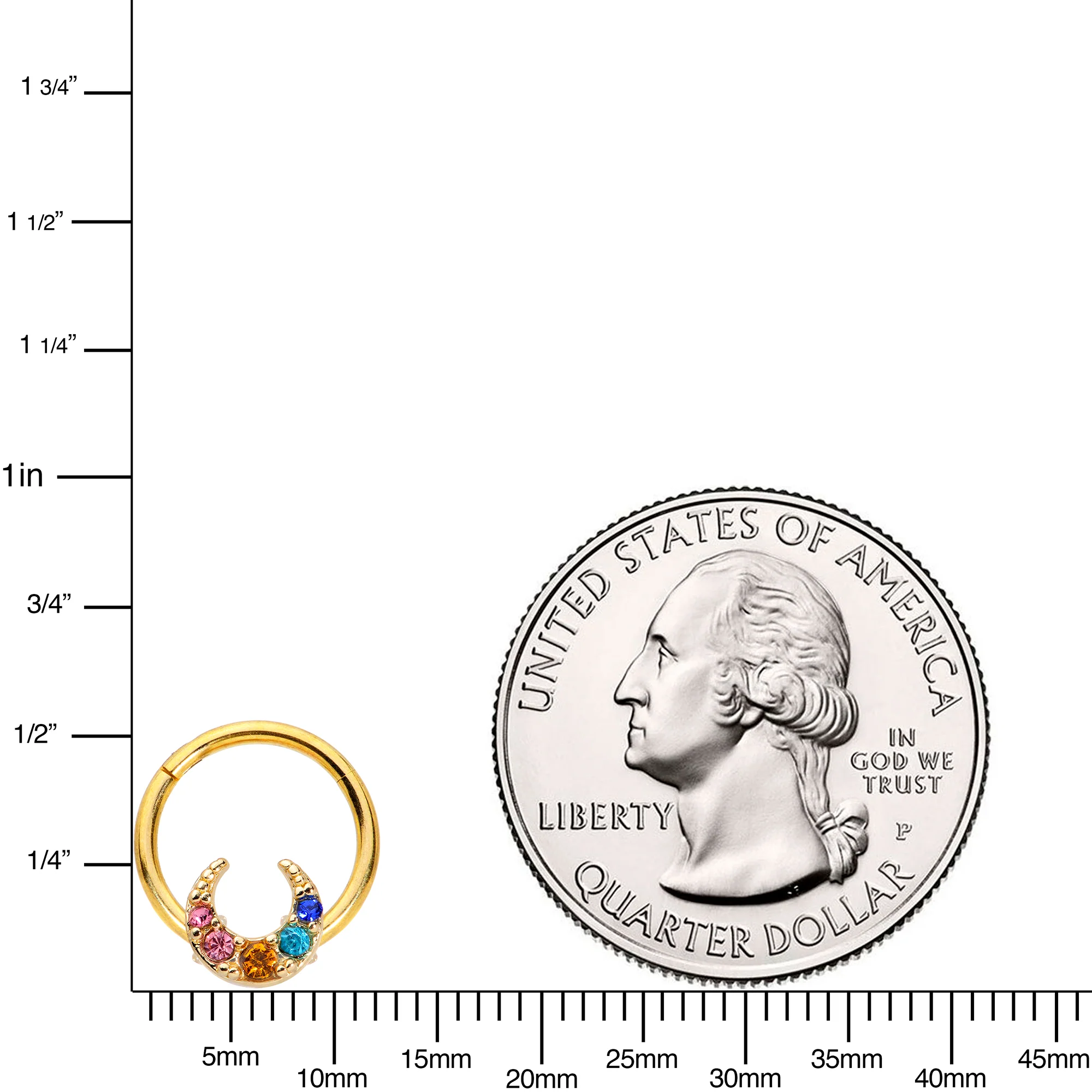 16G 3/8 Rainbow Gem Gold Tone Crescent Moon Hinged Segment Ring - Image 3