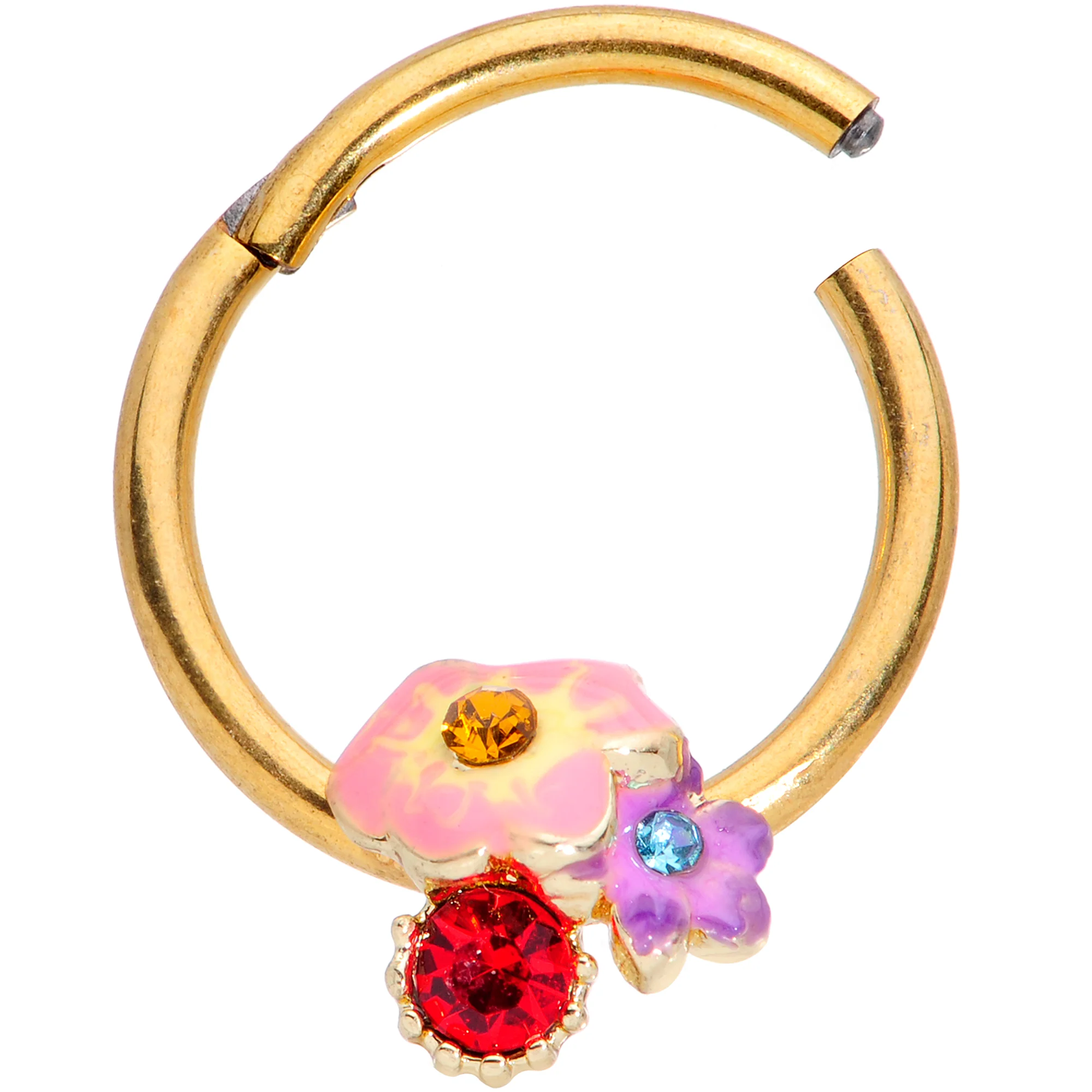 16G 3/8 Red Blue Gem Gold Tone Multi Flower Hinged Segment Ring - Image 2