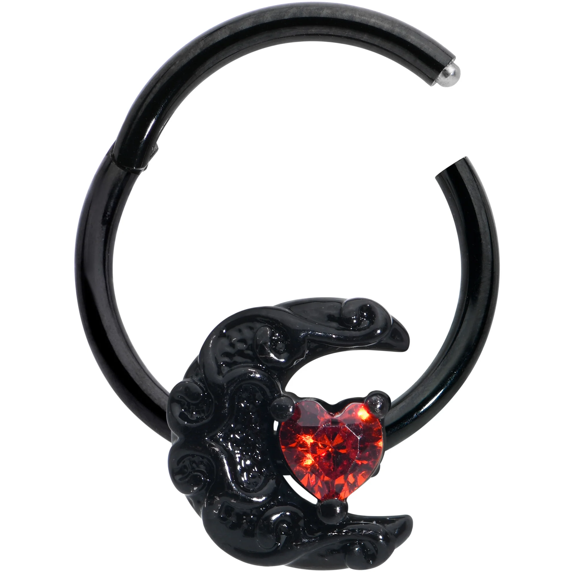16G 3/8 Red CZ Gem Black Scroll Moon Heart Hinged Segment Ring - Image 2