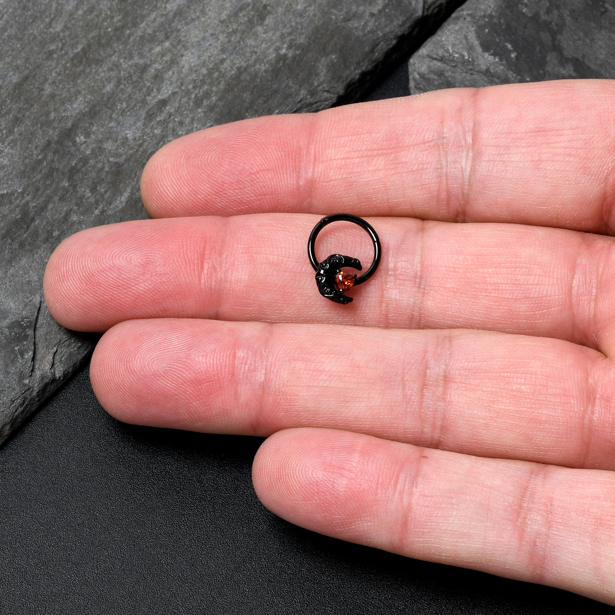 16G 3/8 Red CZ Gem Black Scroll Moon Heart Hinged Segment Ring - Image 3