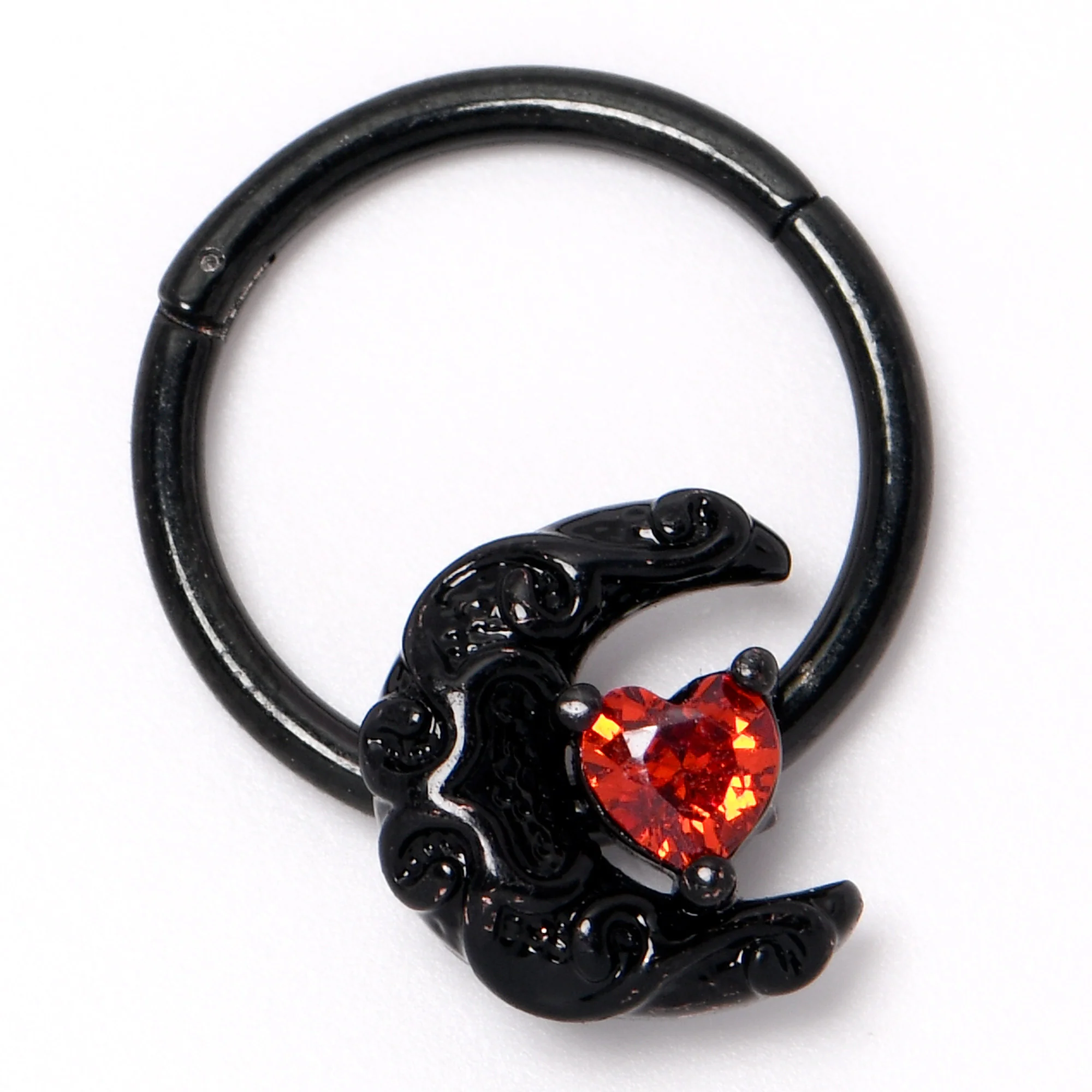 16G 3/8 Red CZ Gem Black Scroll Moon Heart Hinged Segment Ring - Image 4