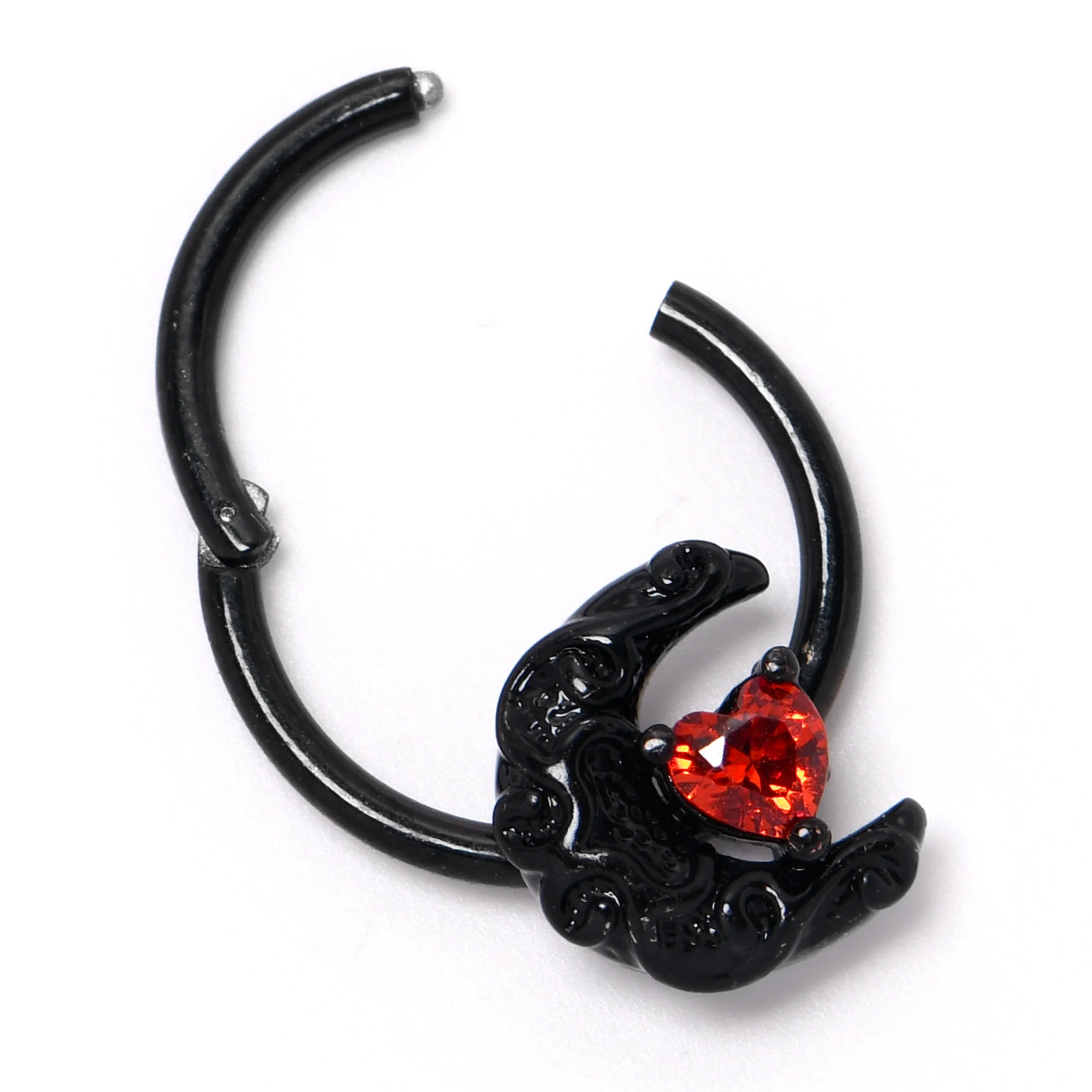 16G 3/8 Red CZ Gem Black Scroll Moon Heart Hinged Segment Ring - Image 5