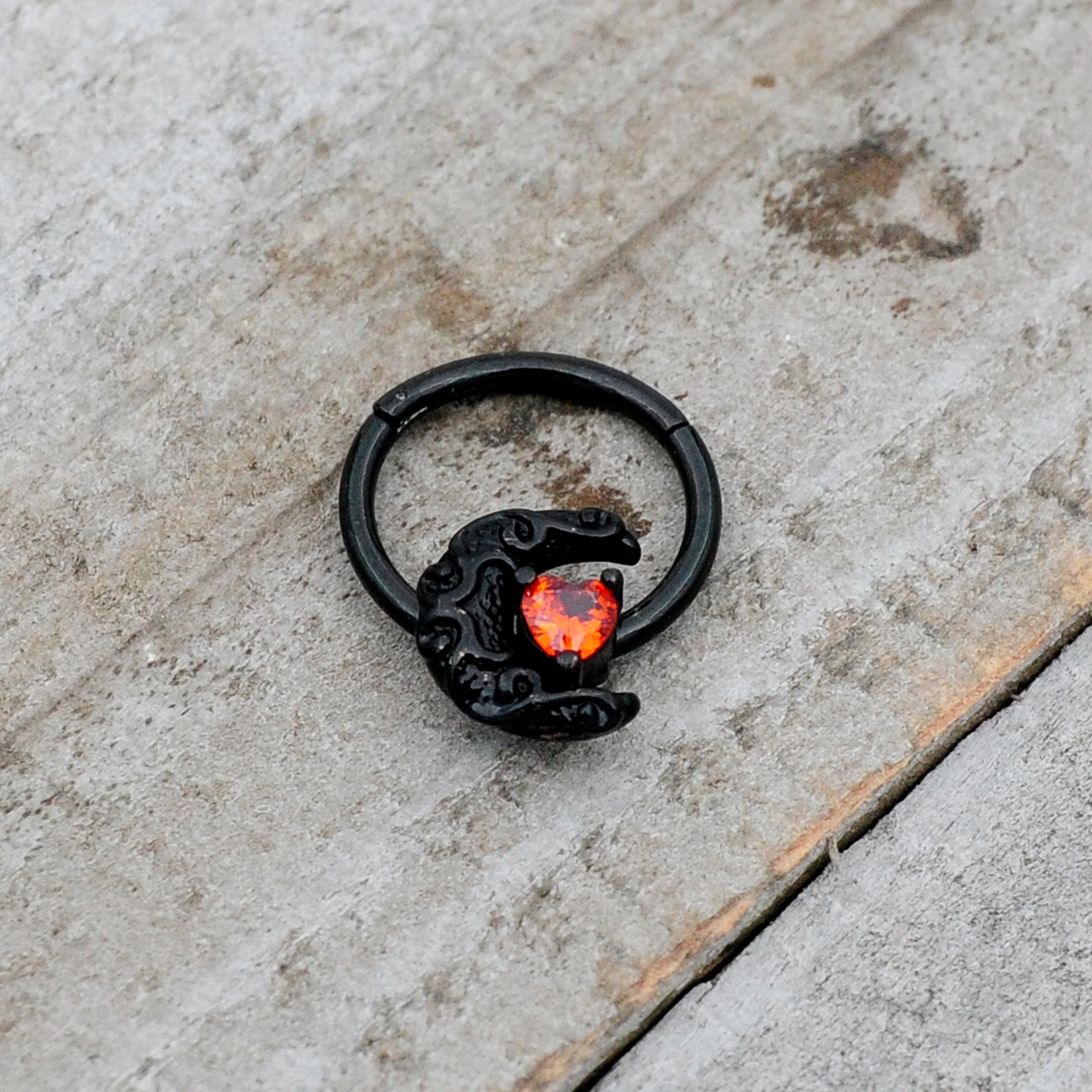 16G 3/8 Red CZ Gem Black Scroll Moon Heart Hinged Segment Ring - Image 6