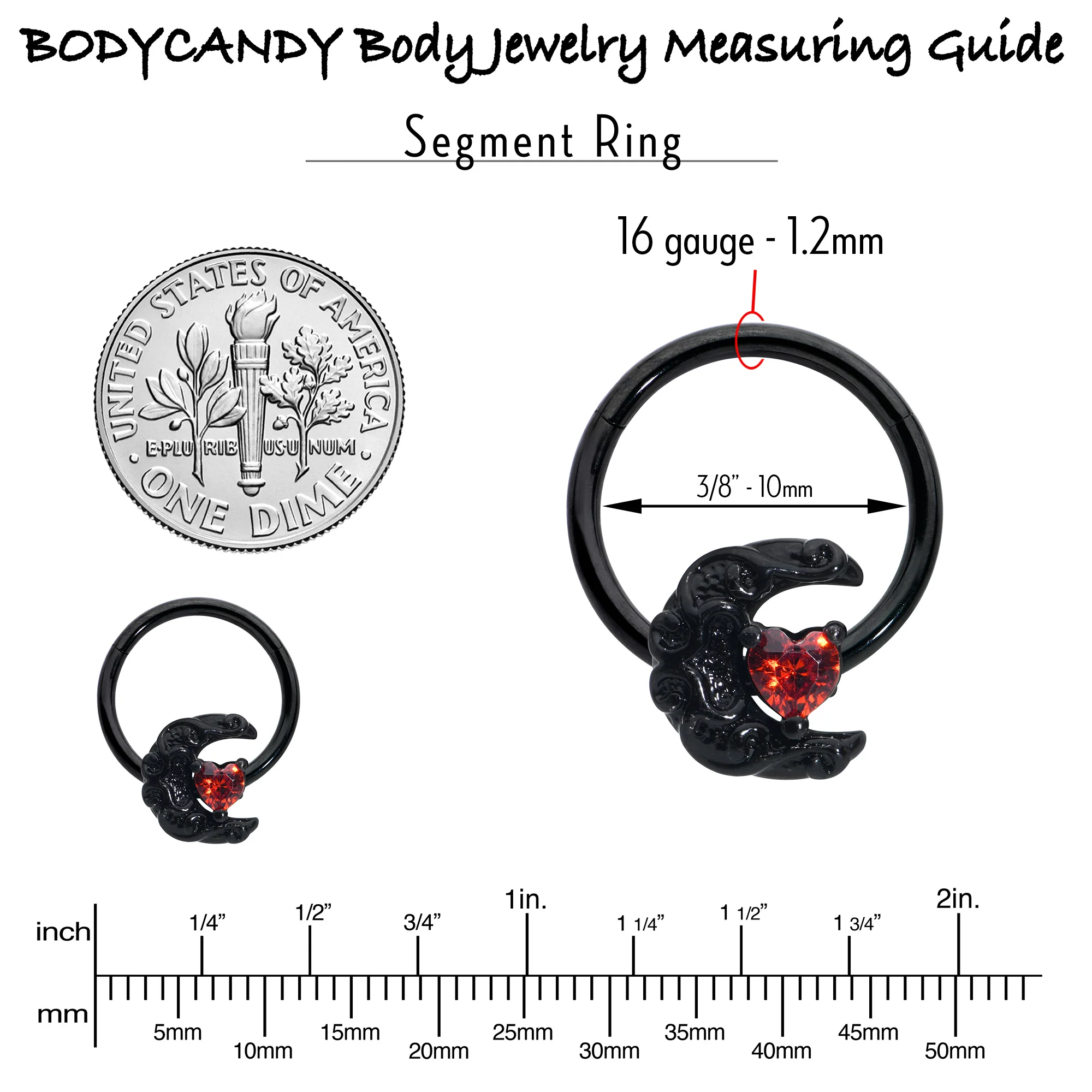 16G 3/8 Red CZ Gem Black Scroll Moon Heart Hinged Segment Ring - Image 7