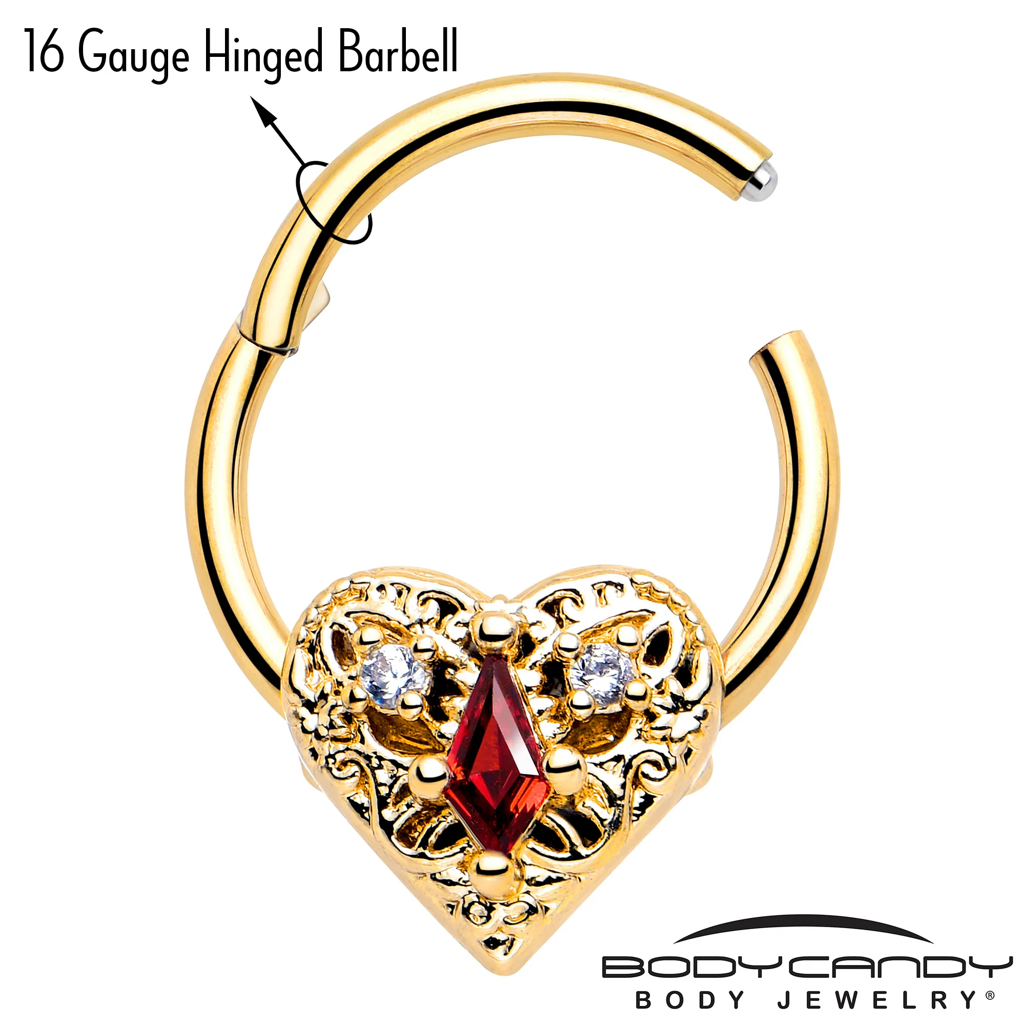 16G 3/8 Red CZ Gem Gold Tone Heart Queen Hinged Segment Ring - Image 3